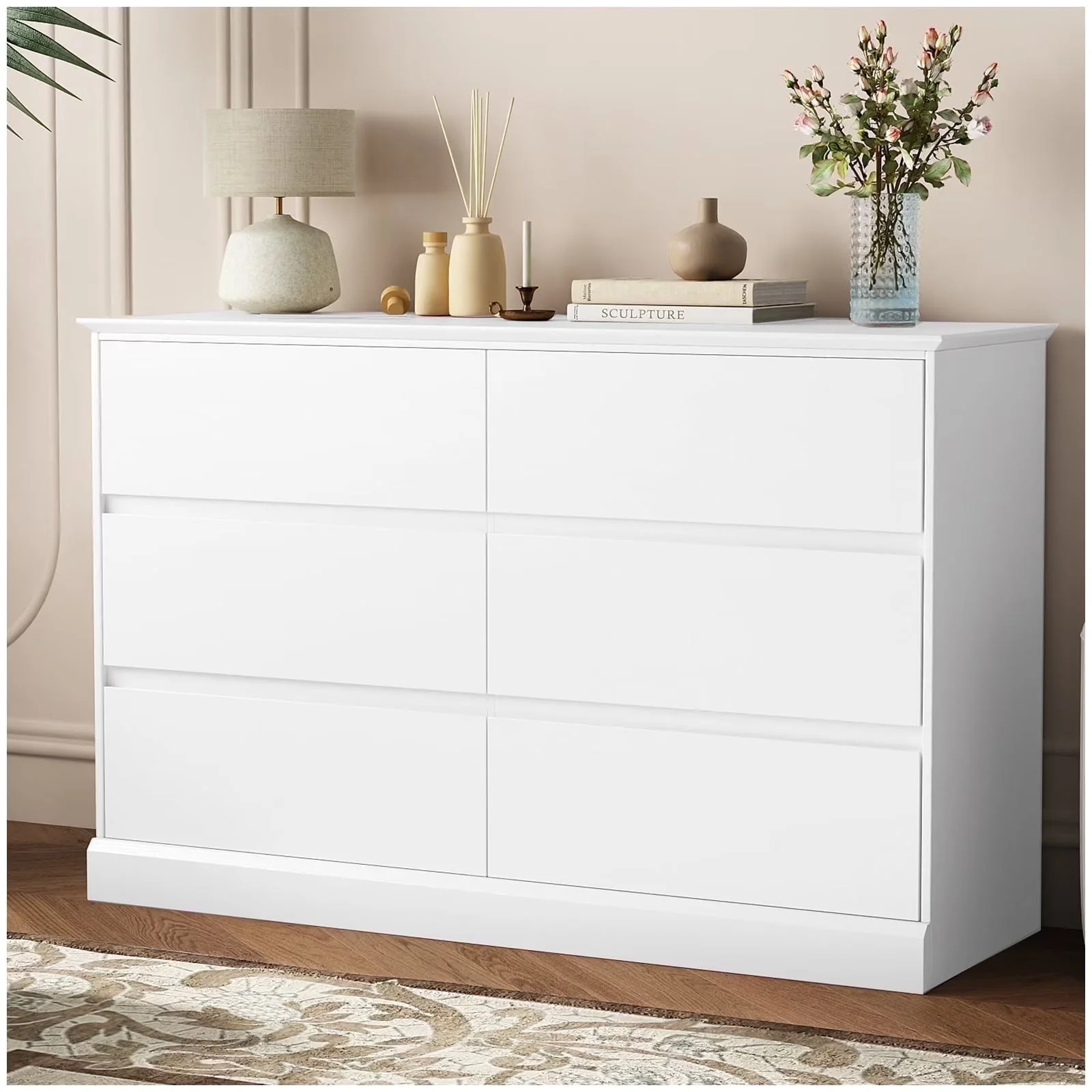2026 NewWhite Dressers Bedroom Dresser 6 Drawer Storage Chest of Drawers Double Dresser Storage Side Cabinet Room Furniture for Bedroom Living Room