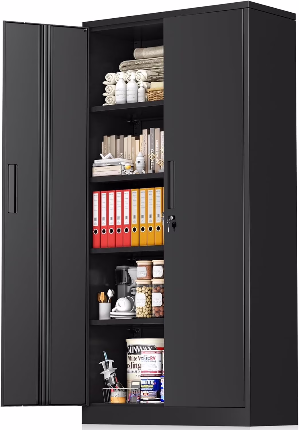 SOLAURA 71" Metal Garage Storage Cabinet with Locking Doors and Adjustable Shelves for Home, Office(Black)