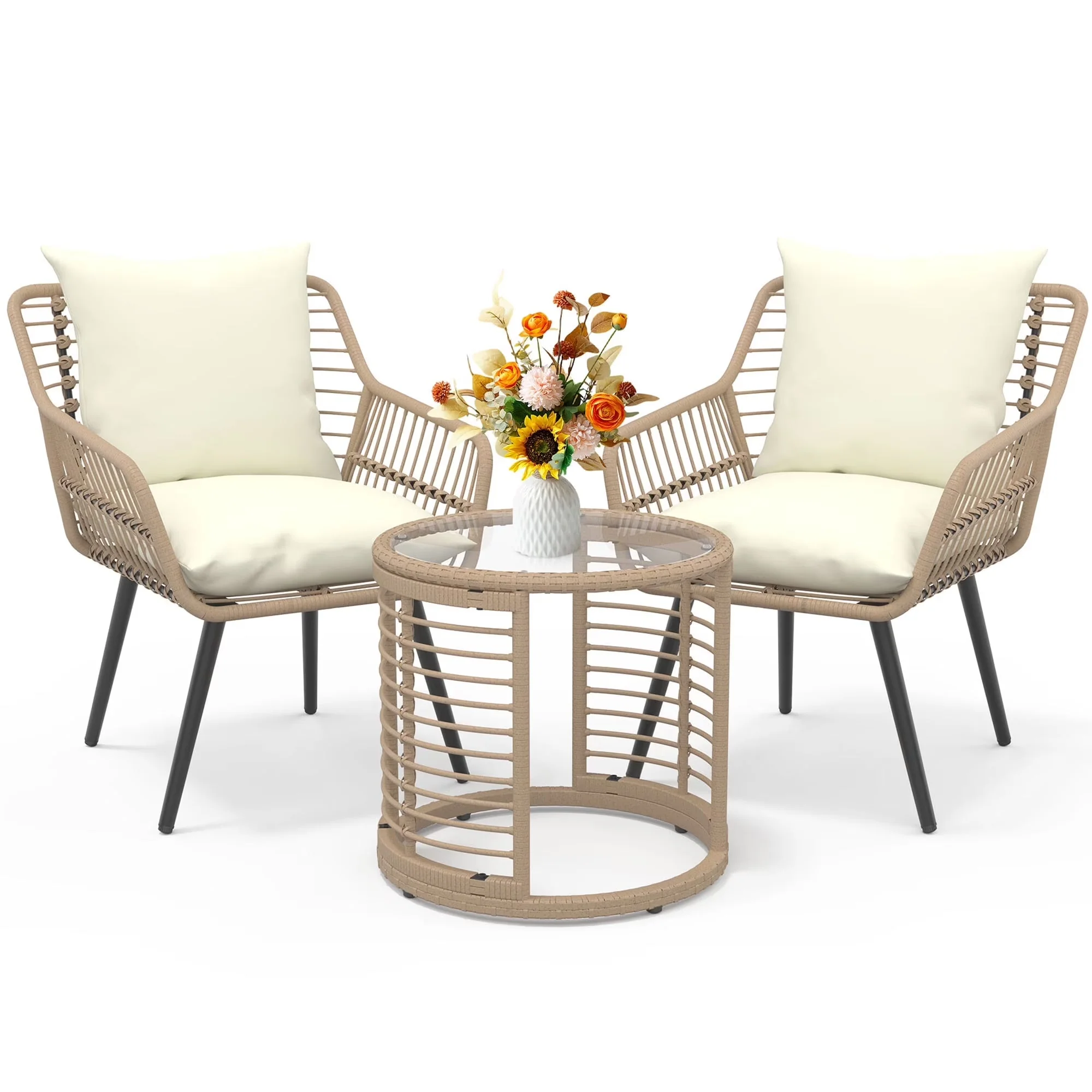2026 NewAinfox 3-Piece Steel Outdoor Bistro Sets with Metal Chairs and Glass Top Table, Beige
