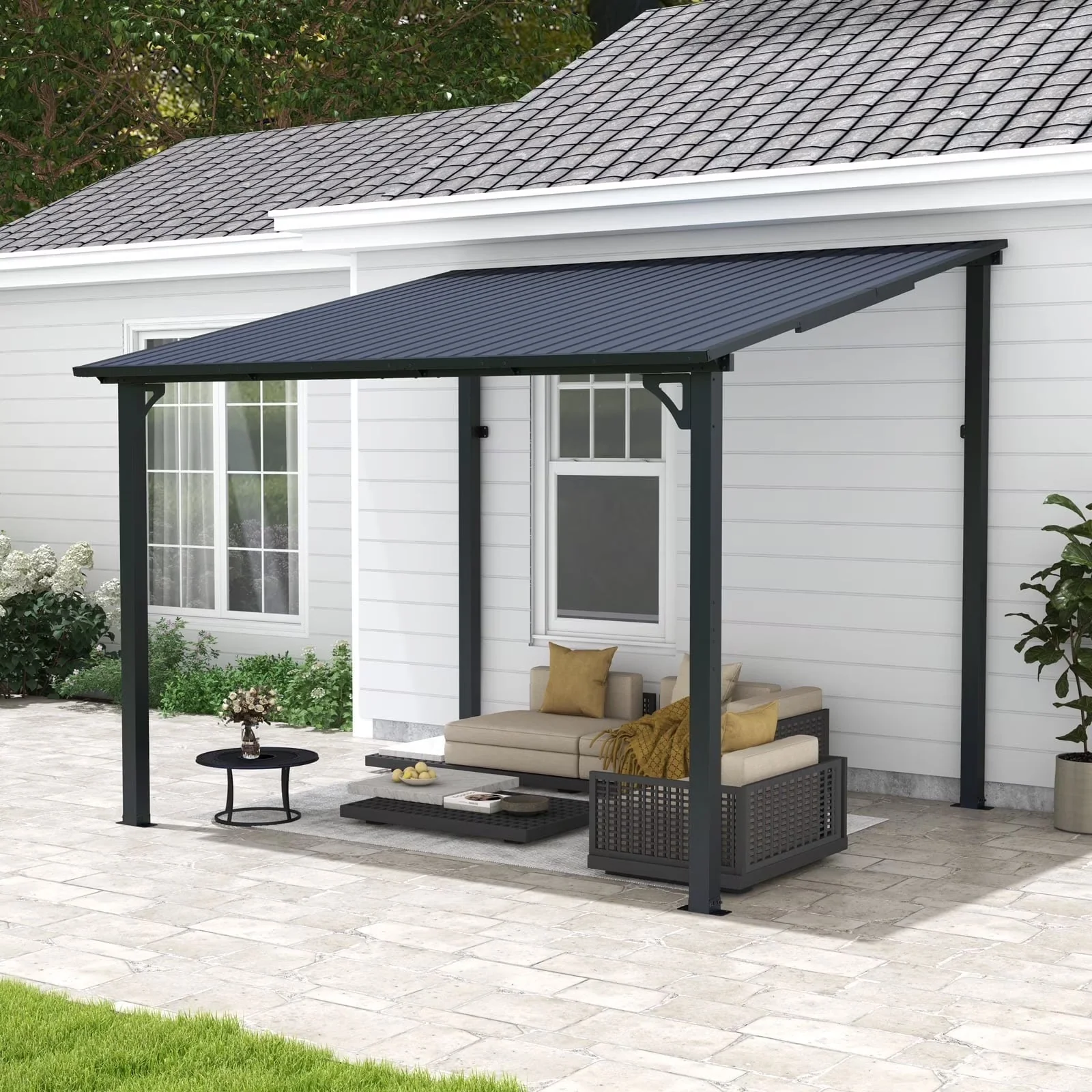 2026 New8' x 10' Outdoor Pergola Gazebo, Lean to Awnings Gazebos, Heavy Duty Hard Top Metal Pergola with Roof, for Patio, Backyard, Decks, Poolside