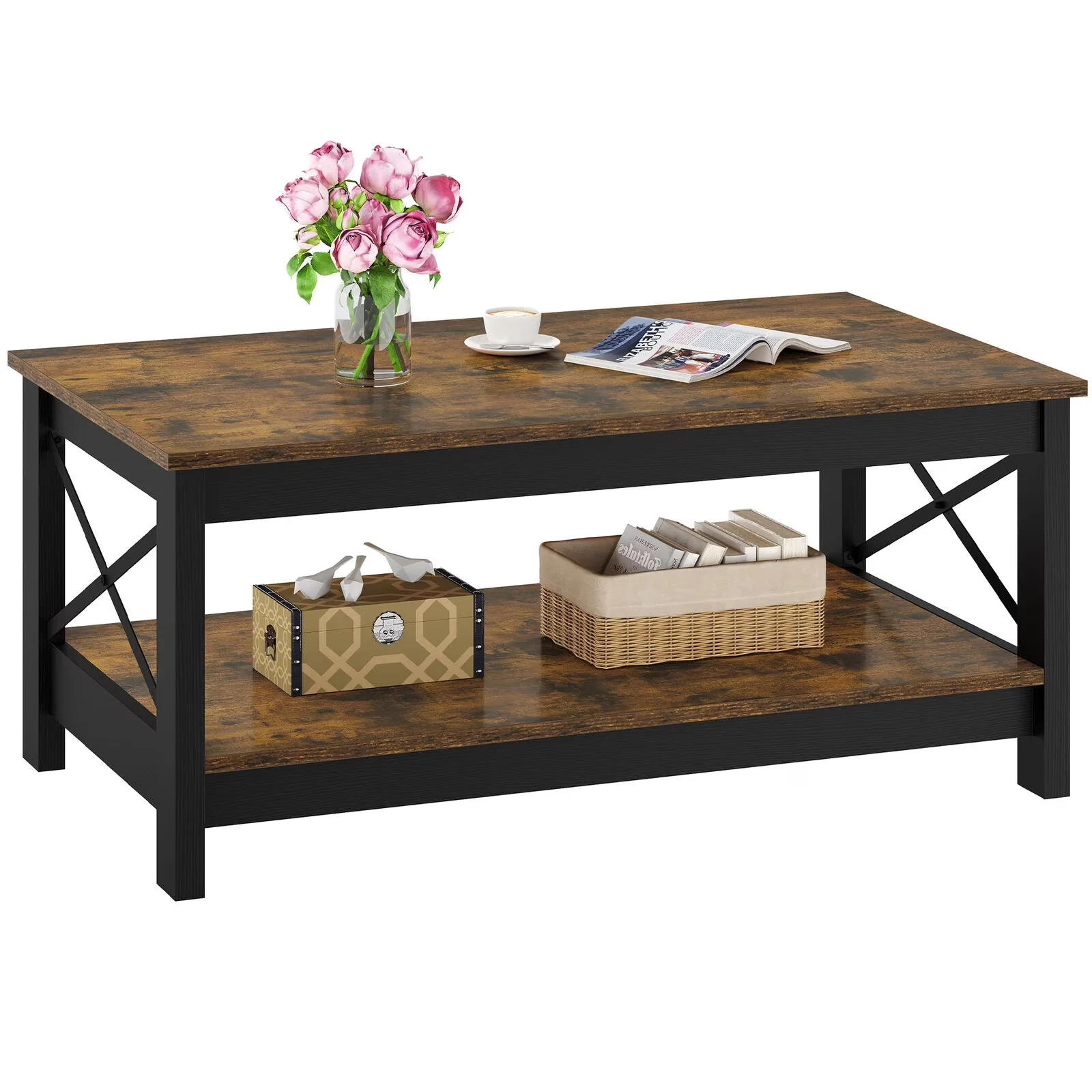 2026 NewVeado Farmhouse 2 - Tier Coffee Table with Storage - Rustic Brown Center Cocktail Table for Living Room, Sturdy Wooden Build, Vintage Design, Ideal for Farmhouse & Country Home Decor, Easy Assembly