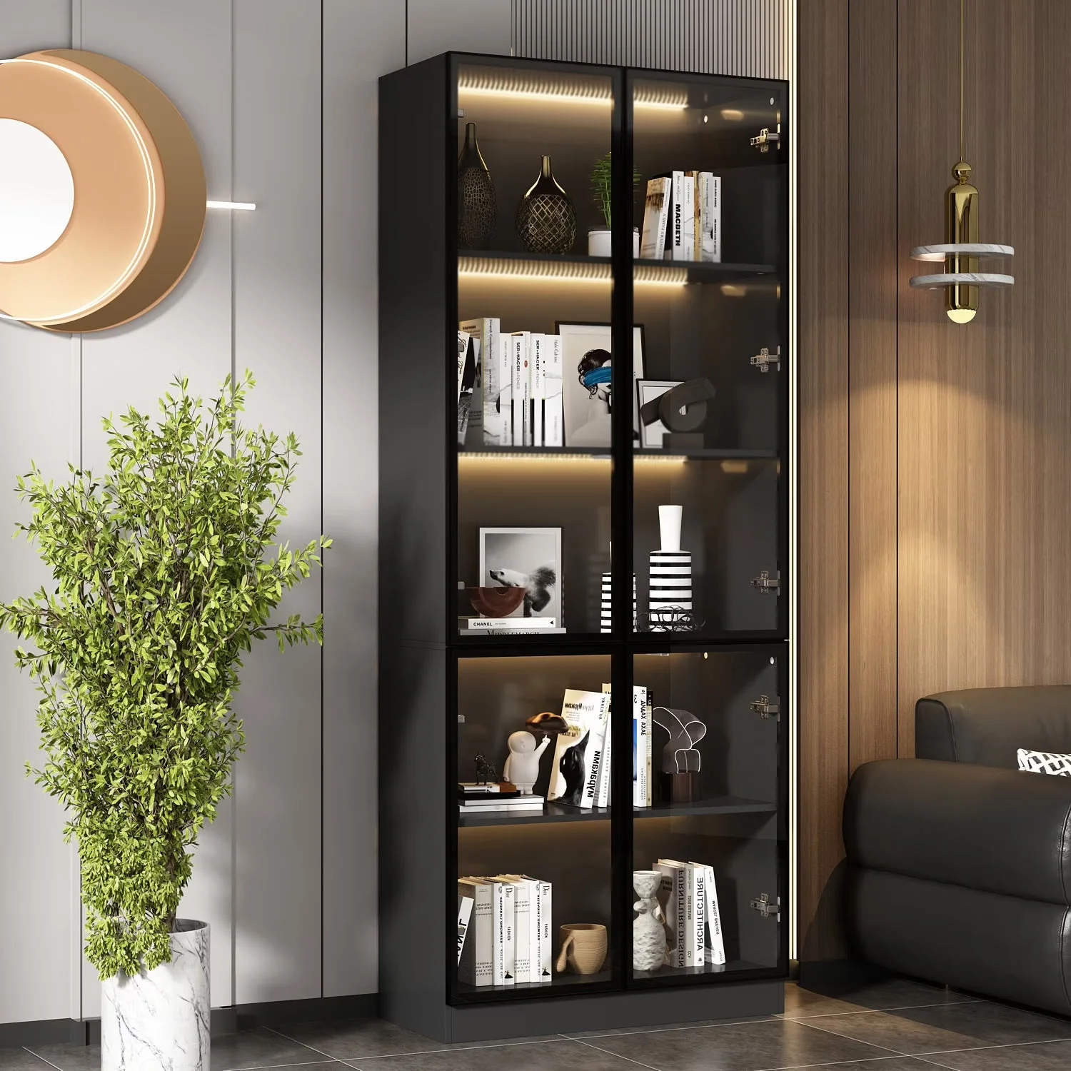 2026 NewKULAGAGA Bookcases Organizer with LED Lights, Heavy Duty Display Cabinet with Glass Door for Living Room, 31.5" Wide