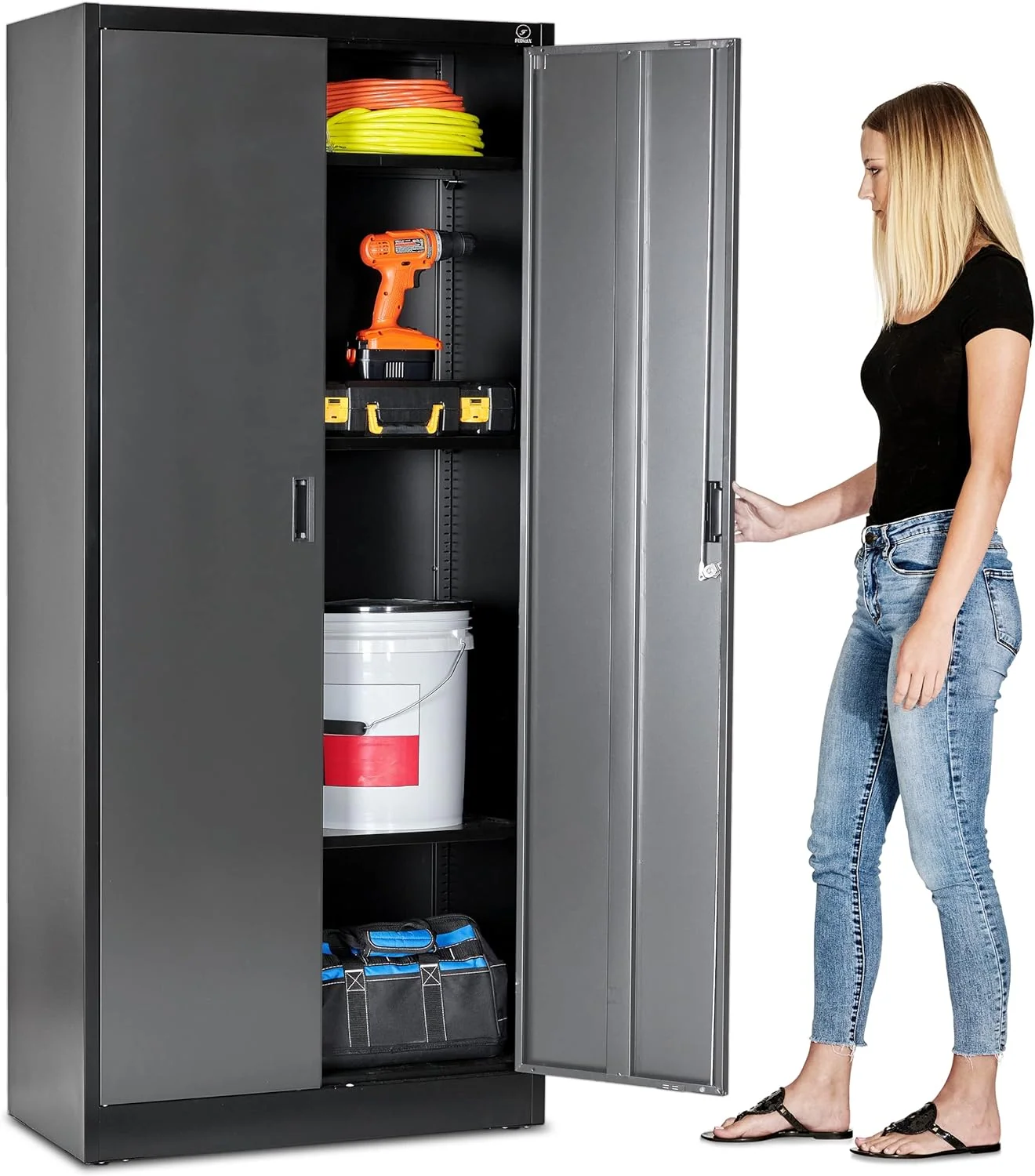 Heavy Duty Metal Garage Locker - 71 "tall large steel multipurpose locker with adjustable shelves and door locks - black and silver