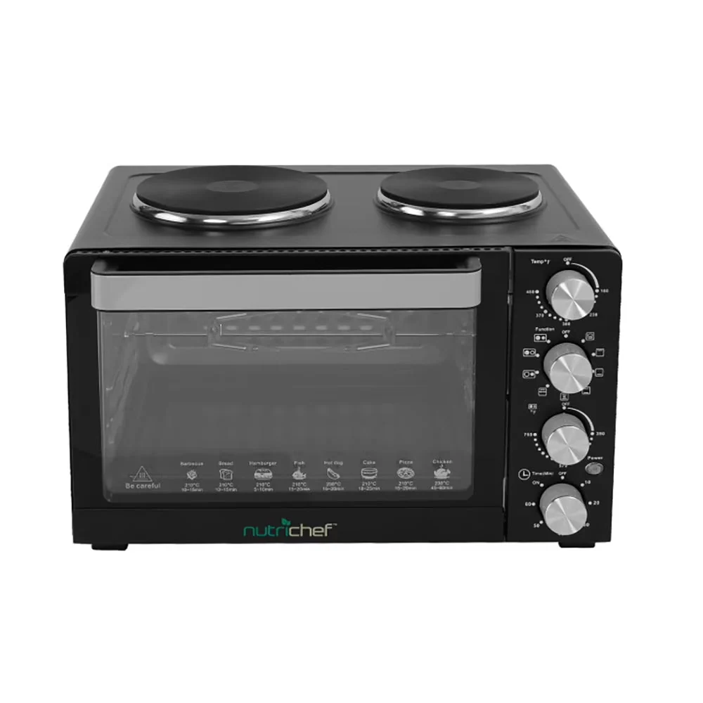 2026 NEW NutriChef 30 Quart Kitchen Convection Oven & 2 Burner Cooker - 1500 Watt Oven - 7 Cook Functions Rotisserie, Cook, Bake, Broil & More - Includes Baking Tray, Skewers & Handles - 19.6 x 16.0 x 13.5 IN