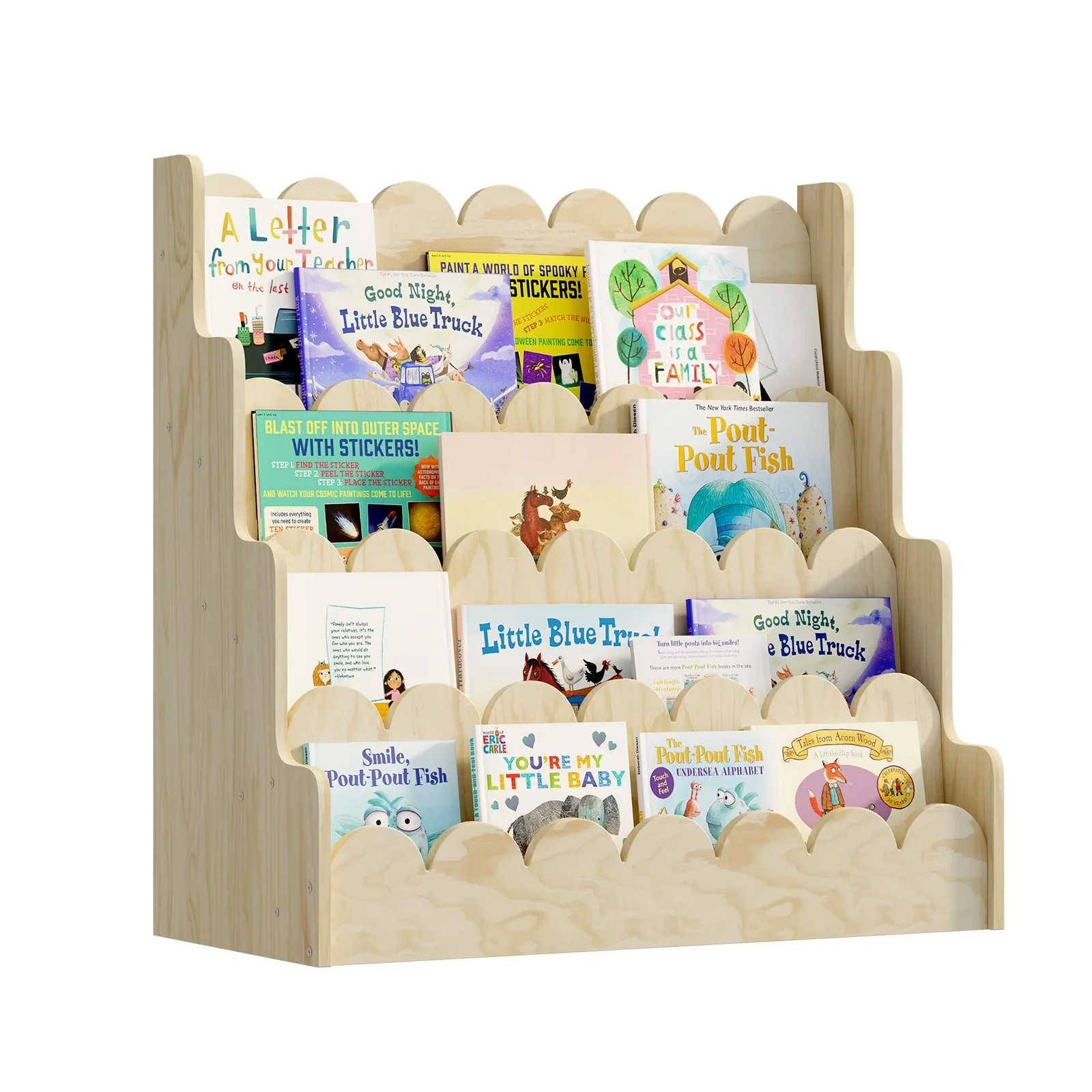 2026 NEW Montessori Wood Kids Bookshelf - Scalloped 4-Tier Front-Facing Book Display, Nursery Organizer for Toddler/Baby Books & Toys, Gender-Neutral Classroom Playroom Storage