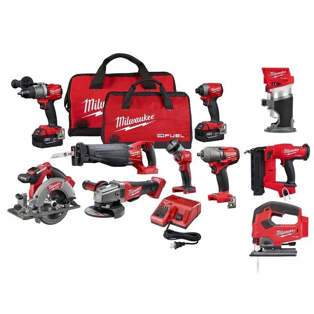 2026 NEW Milwaukee M18 FUEL 18-Volt Lithium-Ion Battery Combo Set (10-piece) with brushless motor, 2025, including 2 x 5.0 Ah batteries, charger and 2 tool bags.