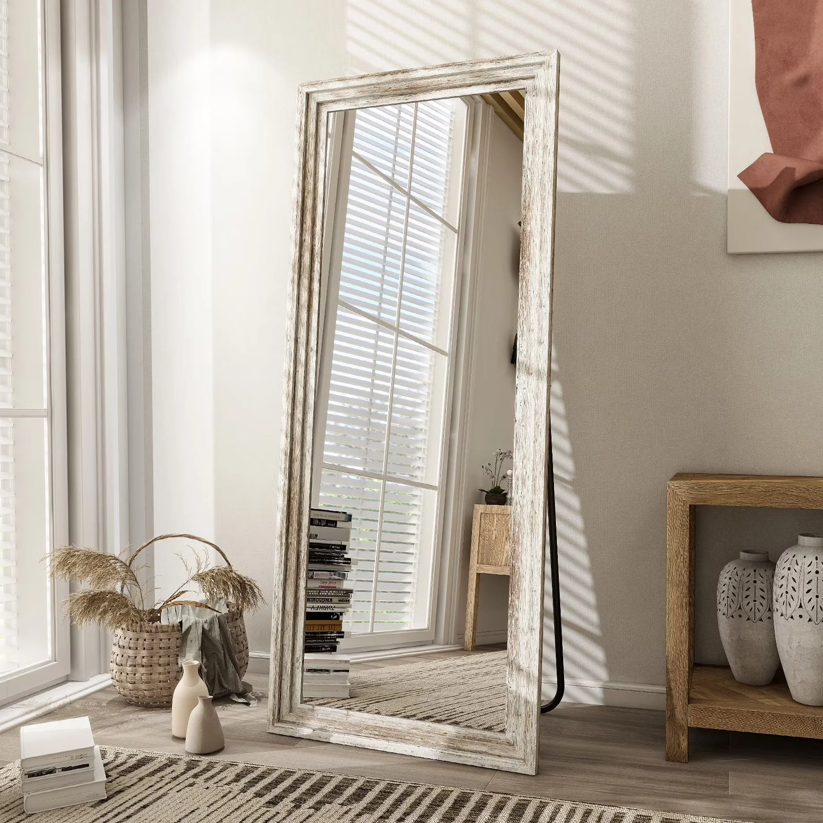 2026 NewBEAUTYPEAK 64"x21" Full Length Mirror with Stand Solid Wooden Framed Floor Mirror Full Body Mirror,Retro White