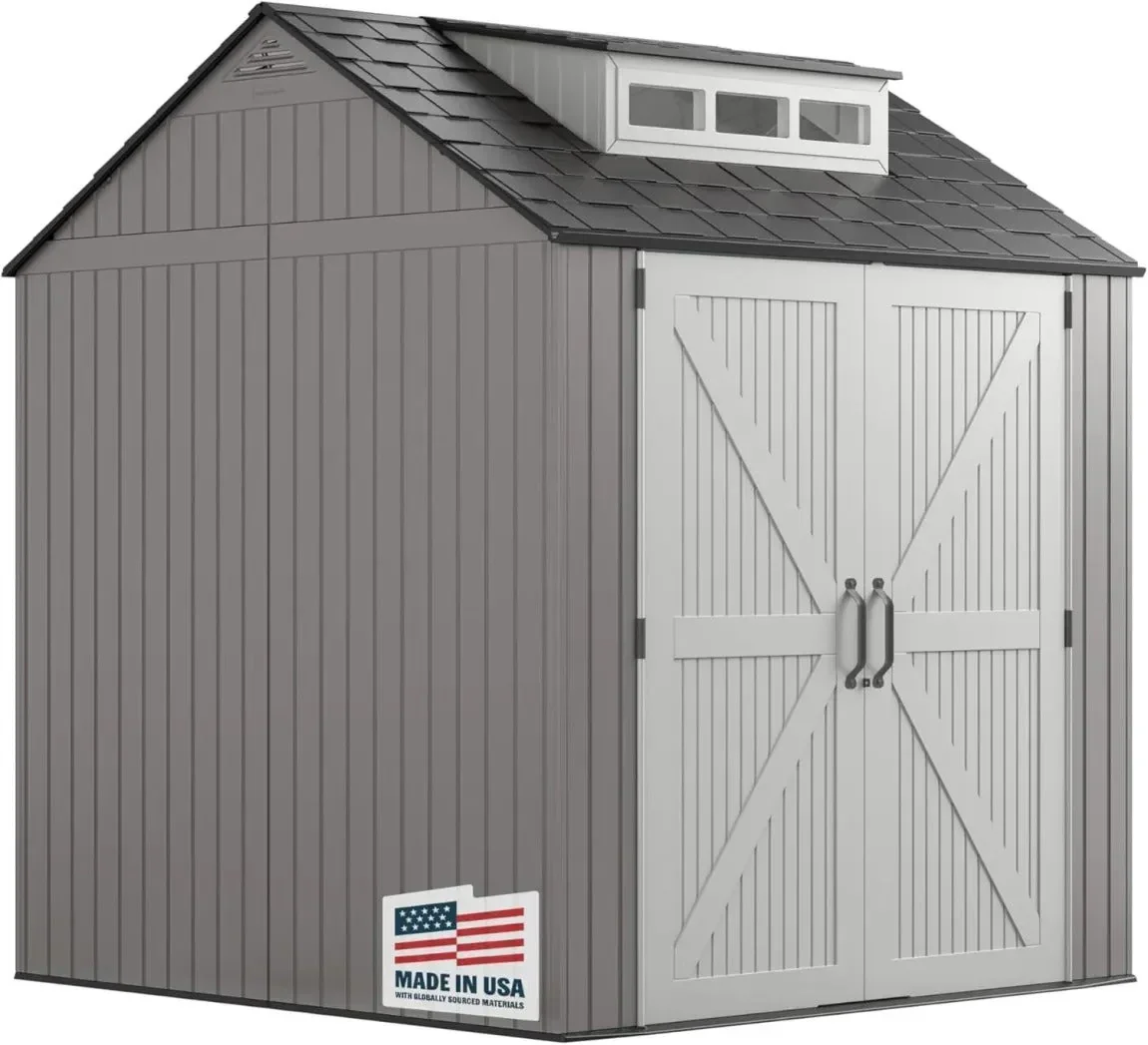 2026 NEW Rubbermaid resin garden shed with floor (2.13 x 2.13 m), weatherproof, grey, for storing garden tools, lawnmowers, bicycles and pool accessories
