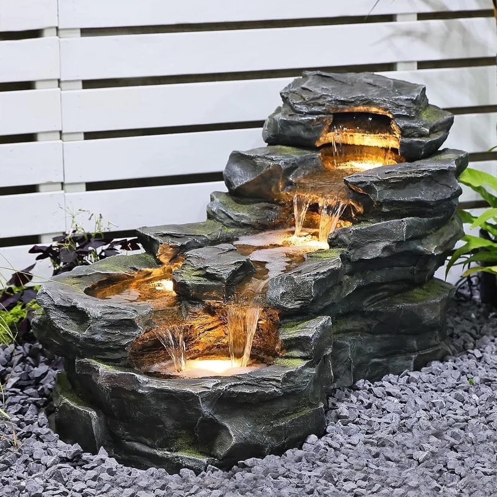 2026 NEW Outdoor Water Fountain Floor Standing Tiers Rock Natural Waterfall Outdoor Fountains with LED Lights for Garden, Patio, Porch