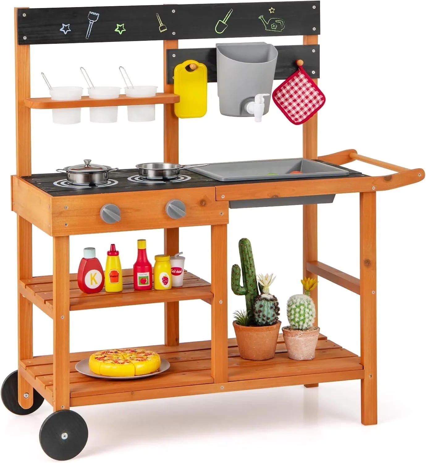 2026 NEW OLAKIDS Mud Kitchen, Outdoor Play Kitchen with Wheels 3 Cups Removable Sink Cooking Accessories Wooden Kids Kitchen Playset Backyard Garden Toys Gift for Boys Girls Ages 3+