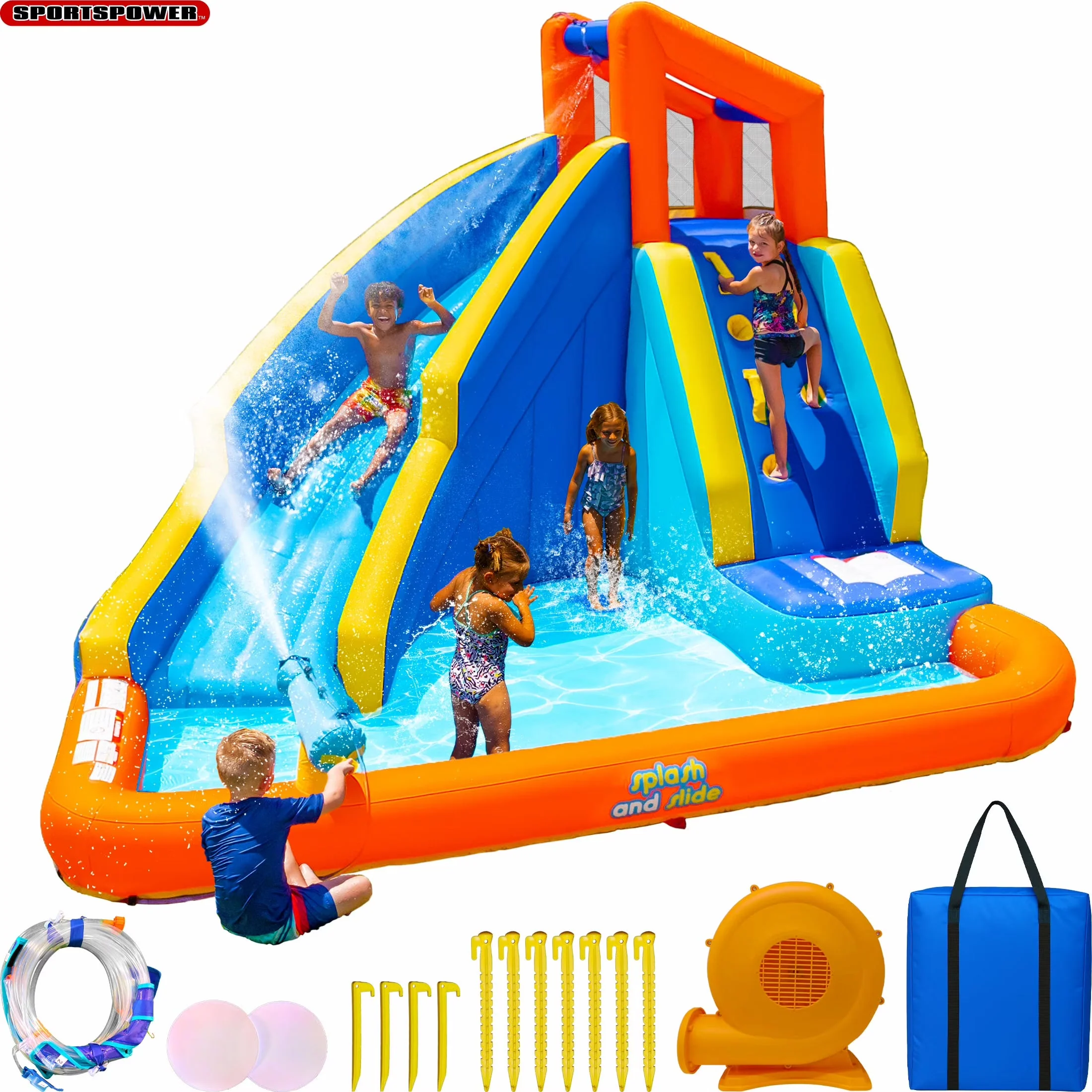 2026 NewSportspower�?Big Wave II Inflatable Water Slide with Climbing Wall & Splash Pool, Ages 3-8, Heavy Duty, ASTM Certified, Lifetime Warranty on Included Blower
