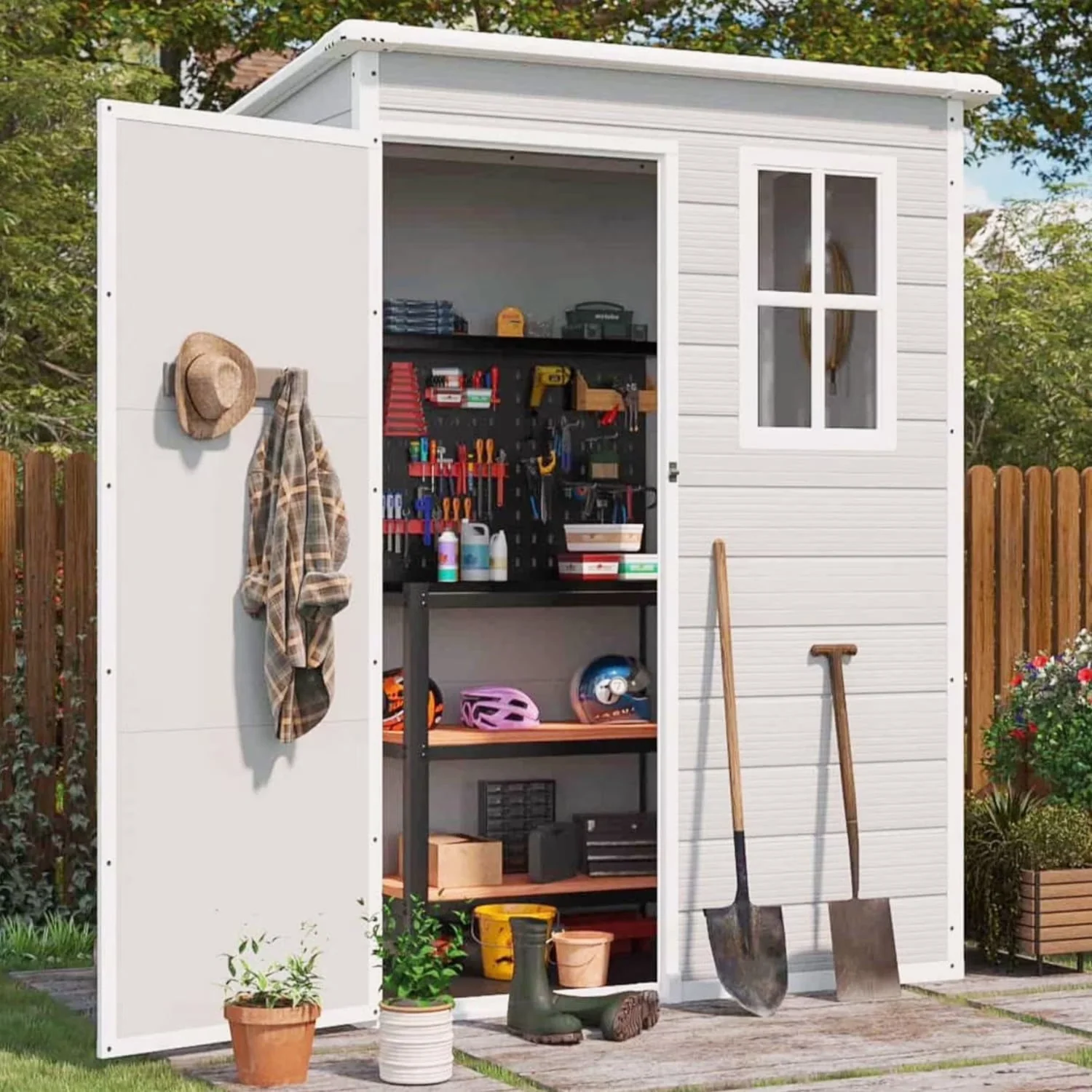 2026 NEW Lofka Resin Outdoor Storage Shed,5'x3' Storage Shed, Plastic Shed with Thick Resin Floor, Gray and White