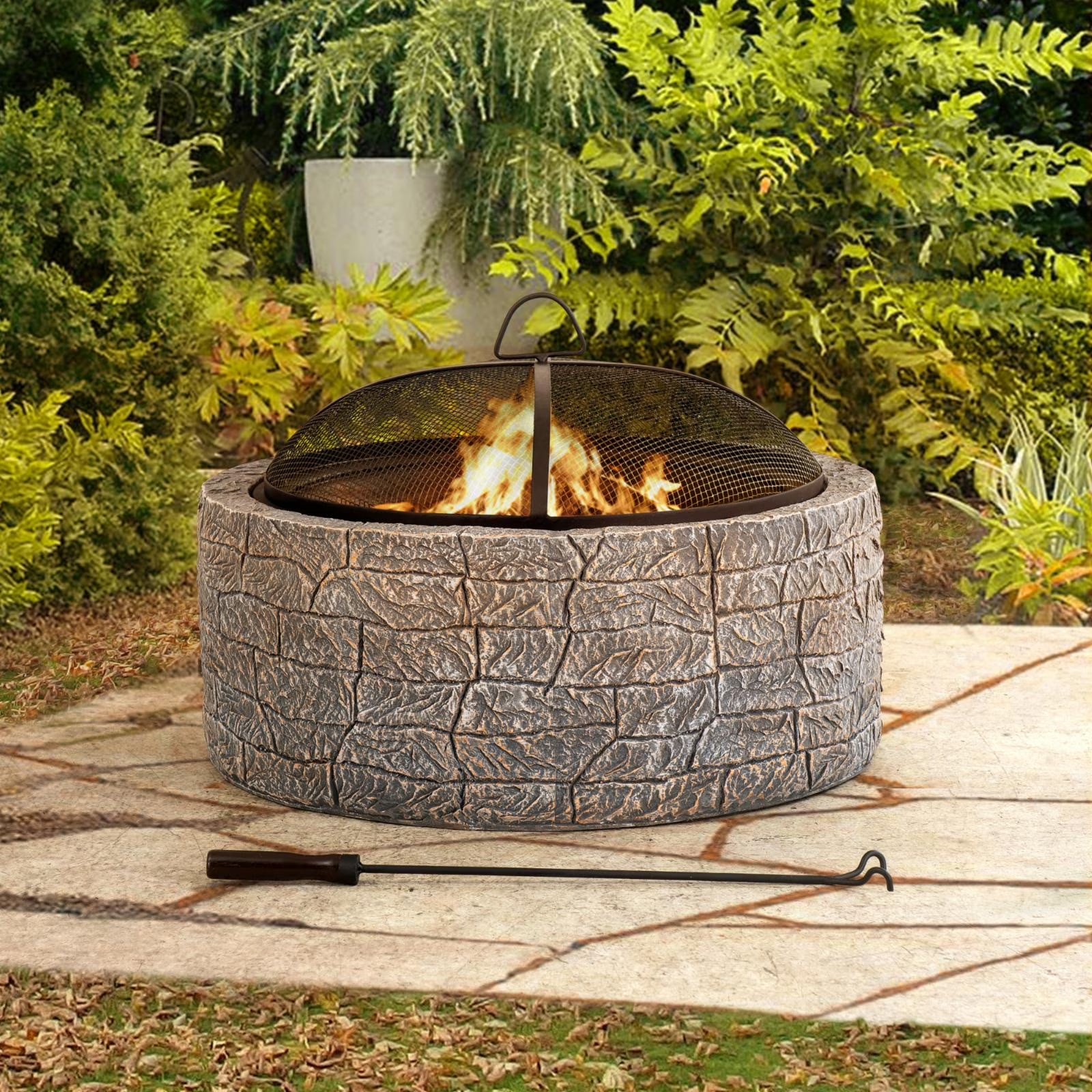 2026 NewSunjoy Stone Fire Pit 26 Inch, Outdoor Round Wood Burning Fire Pits with Spark Screen and Poker Grey