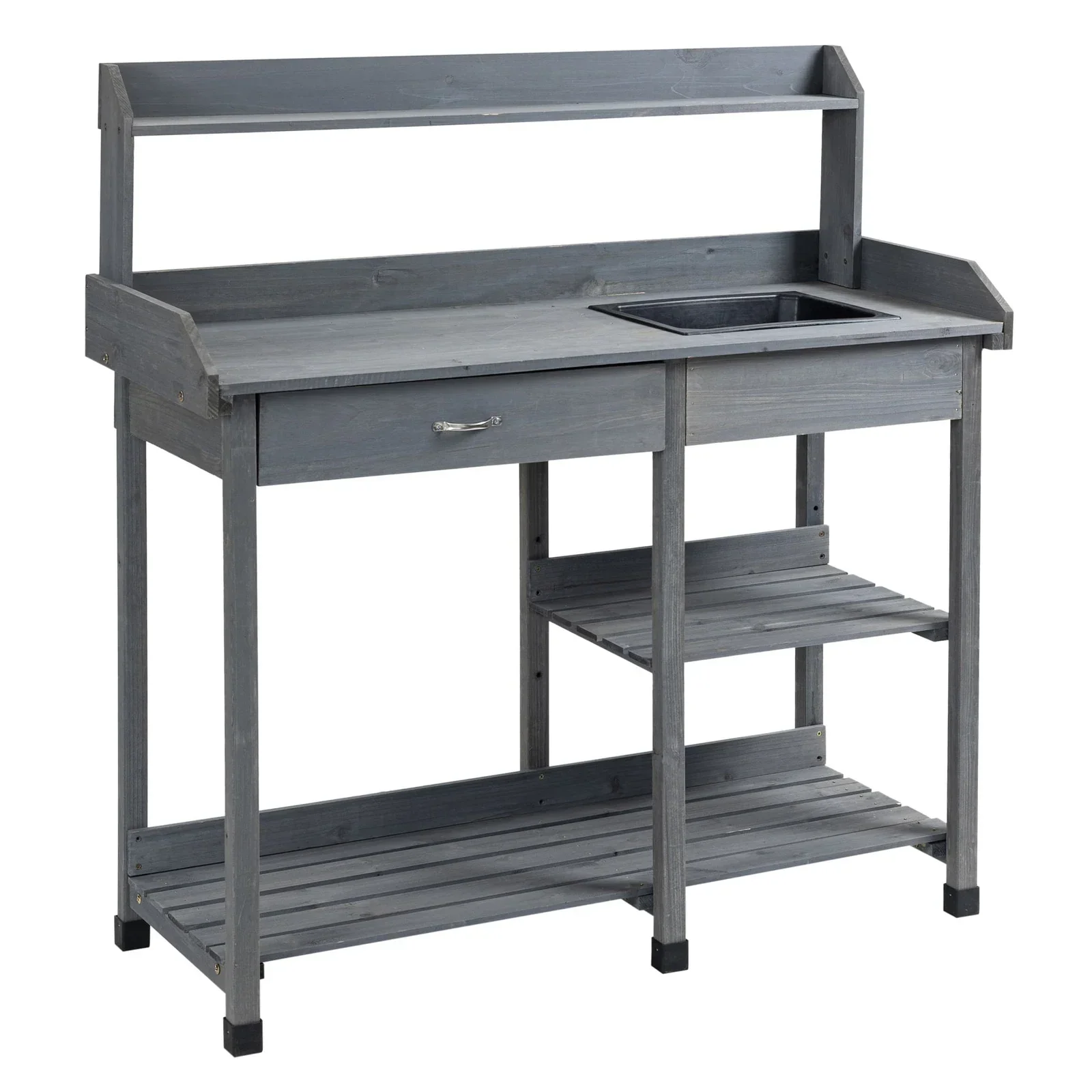 Outsunny Potting Bench Table, Natural Wood, Outdoor Workstation with Drawer, Removable Sink, Storage Shelves and Hooks