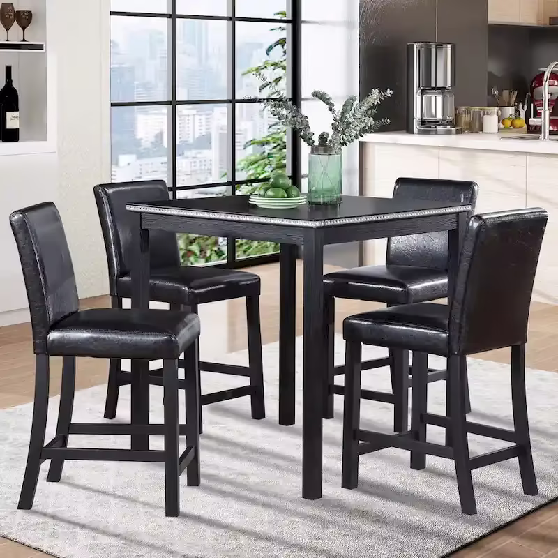 Modern 5-Piece Dining Set with Square Counter Height Table & 4 Upholstered Chairs