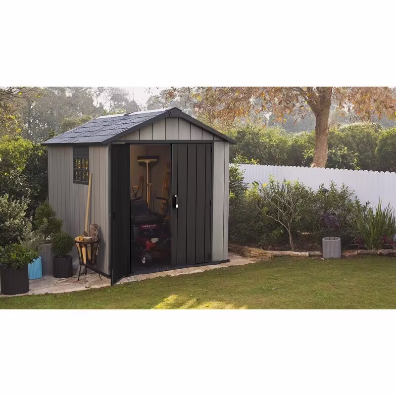 Oakland 7 x 7 FT Rustic Worn Wooden Texture Storage Shed with High Ceiling And Victorian Window