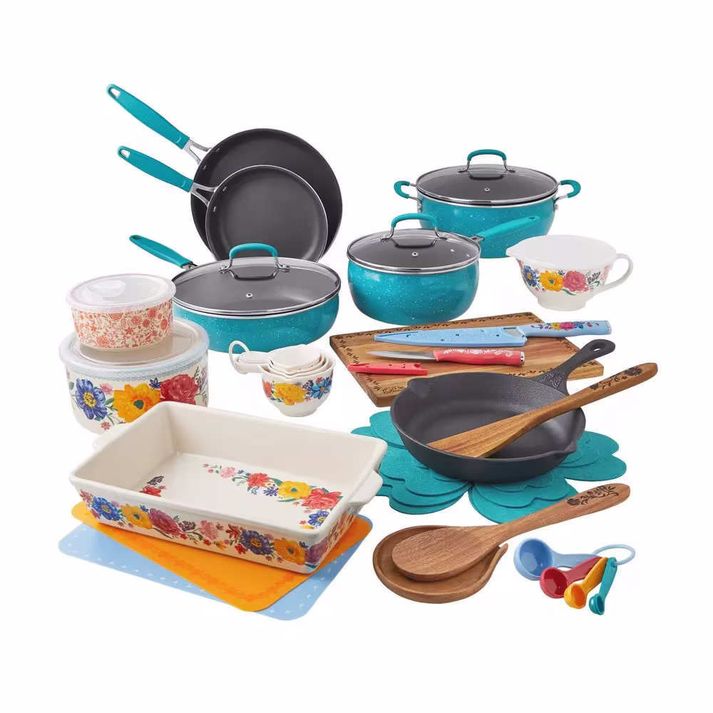 The Pioneer Woman Brilliant Blooms 38-Piece Cookware Set, Teal – Complete Kitchen Solution with Floral Design