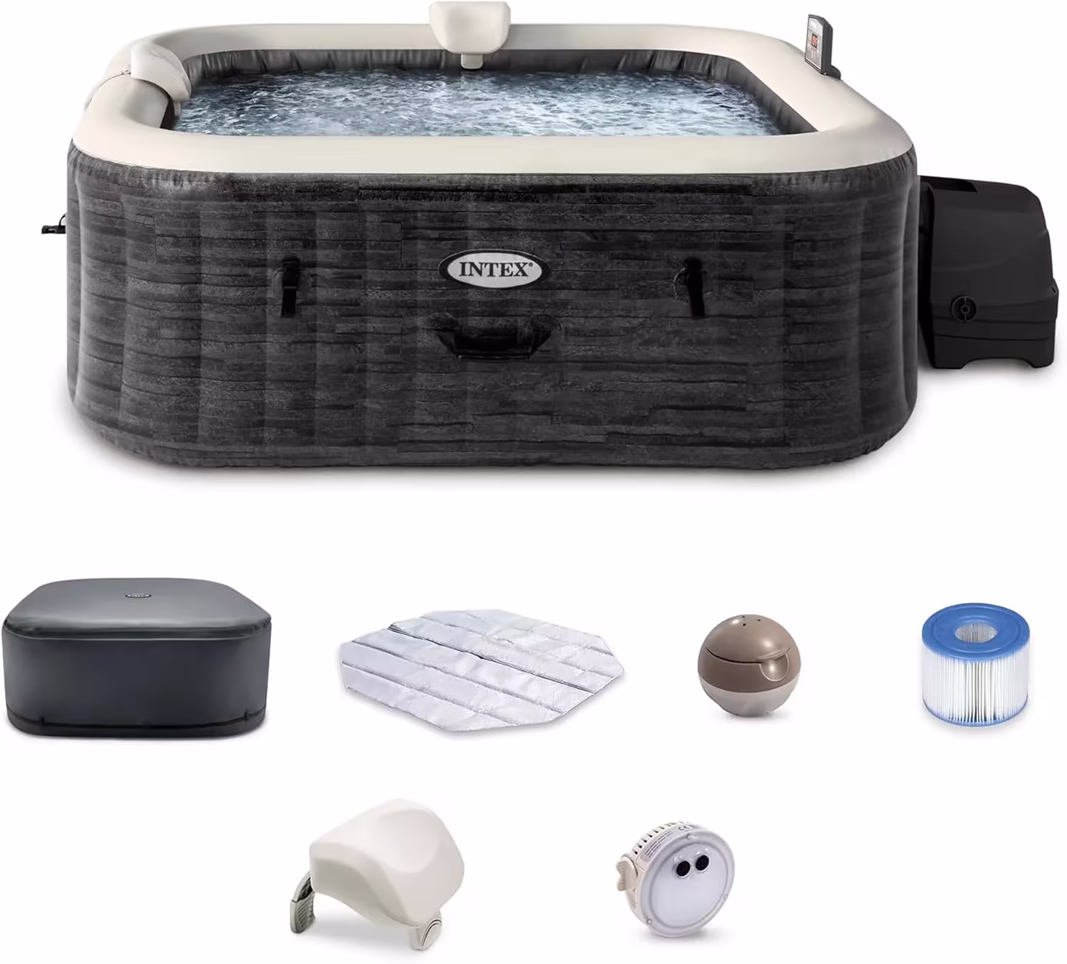 INTEX PureSpa Greystone Deluxe 4 Person Square Inflatable Hot Tub, Bubble Massage Spa
