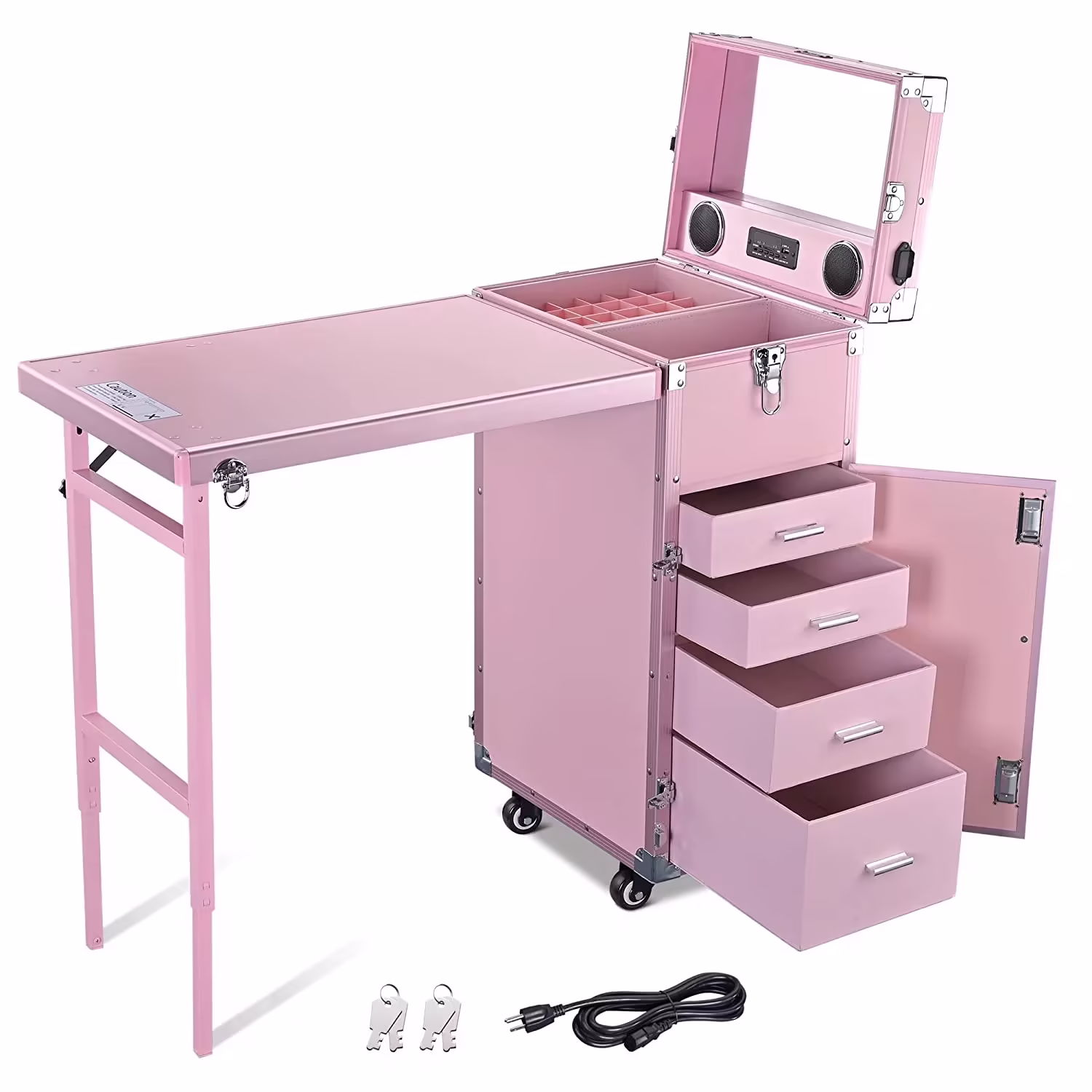 Byootique Portable Nail Desk & Makeup Station with Mirror, 4 Drawers, Bluetooth, USB, Pink