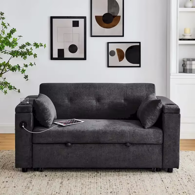 54 Pull-Out Sleeper Sofa Bed, 2 Seat Recliner Sofa Bed with Storage, Lumbar Pillow, USB Power Outlet