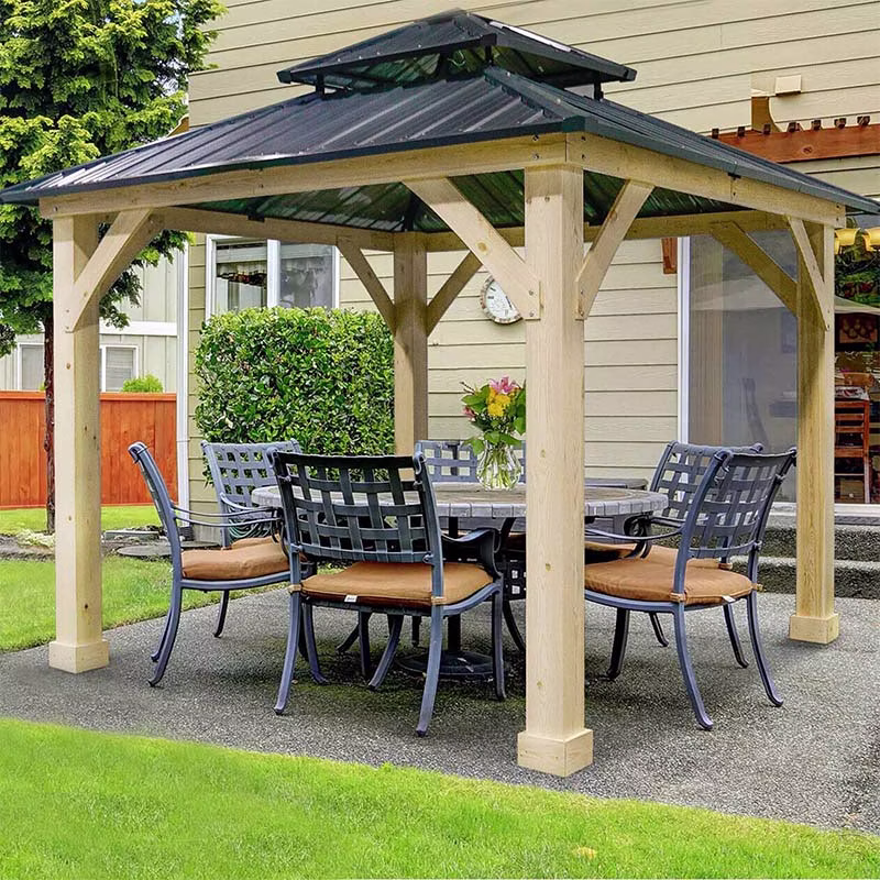 10 x 10 FT Outdoor Patio Hardtop Gazebo with Wood Frame & 2-Tier Metal Roof, All-Weather Gazebo Pergolas Shelter