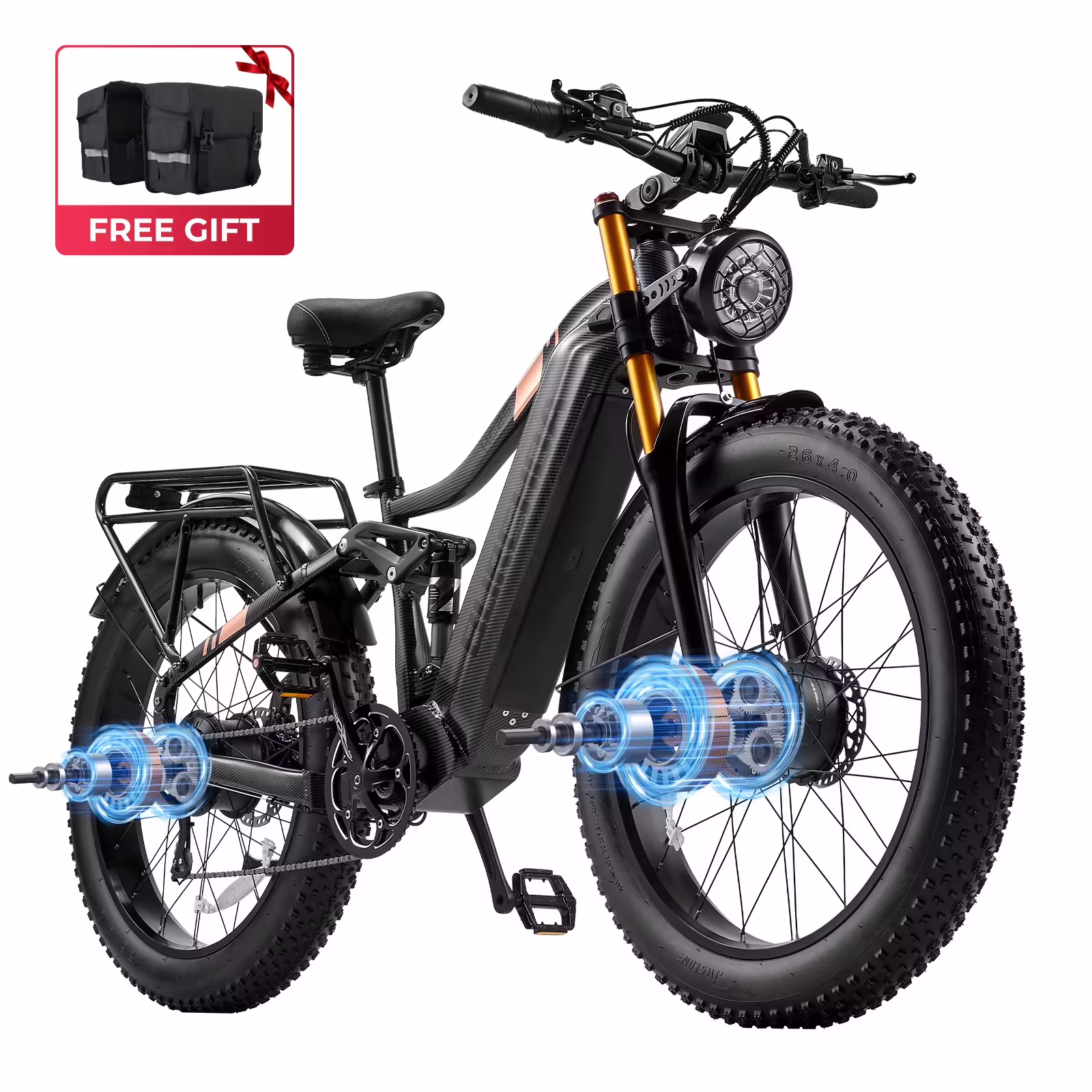 Dual Motors AWD 2000W Electric Bike for Adult 26'', UL2849 48V 30AH Removable Battery E-mountain bike 4.0 Fat Tire up to 35MPH&120Miles Long Range Off-road Ebike Beach Dual Hydraulic&Brakes E-Bicycle