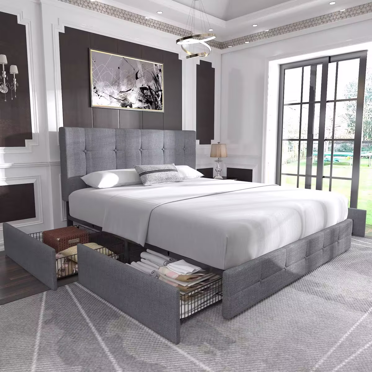 Allewie Upholstered Queen Size Platform Bed Frame with 4 Storage Drawers and Headboard