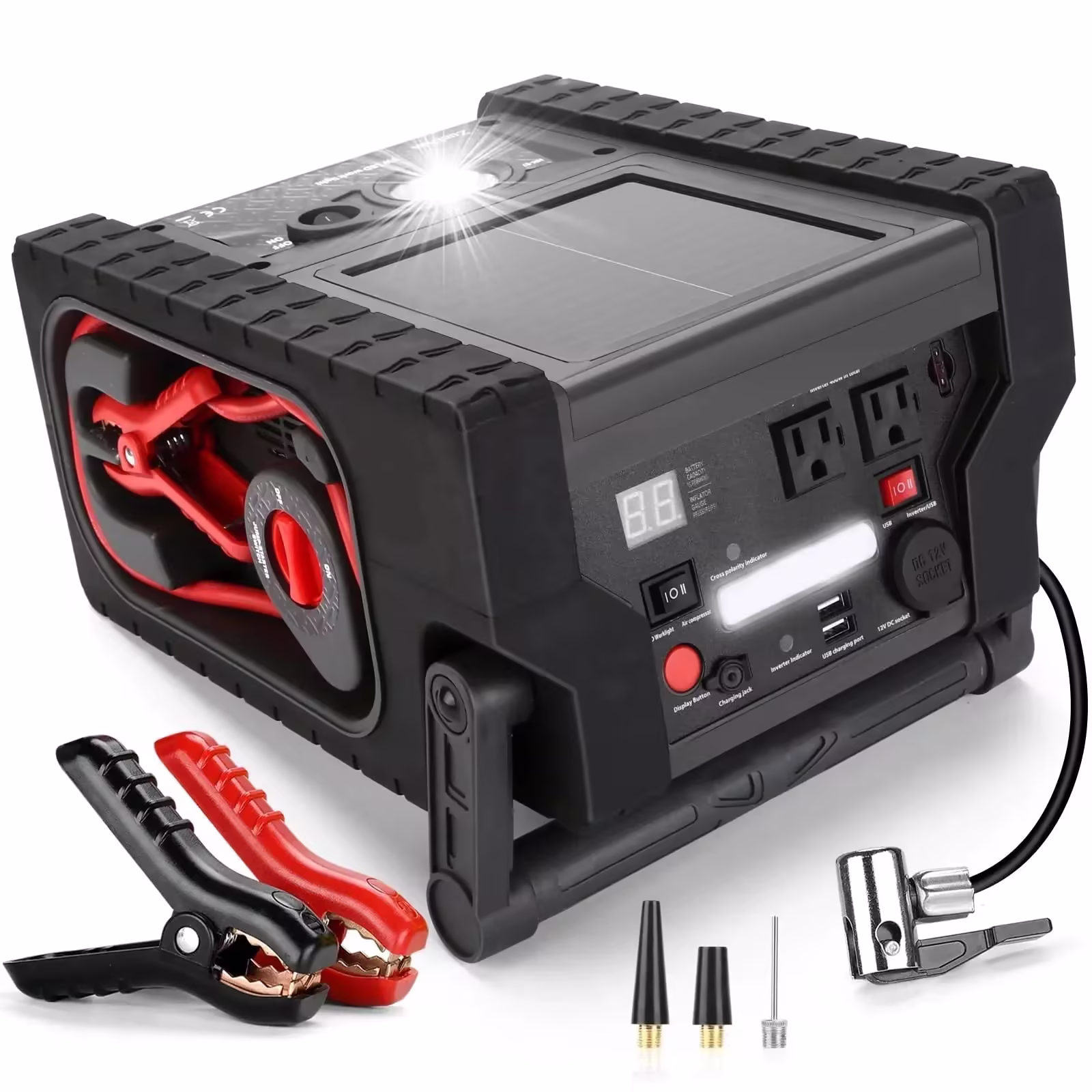 ZD-529 Solar Portable Power Station 2000 Amps Jump Starter, 260 PSI Air Compressor, 12V Car Battery Charger with 400W Inverter Dual AC/DC/USB Output, Emergency Backup Power with Flashlights