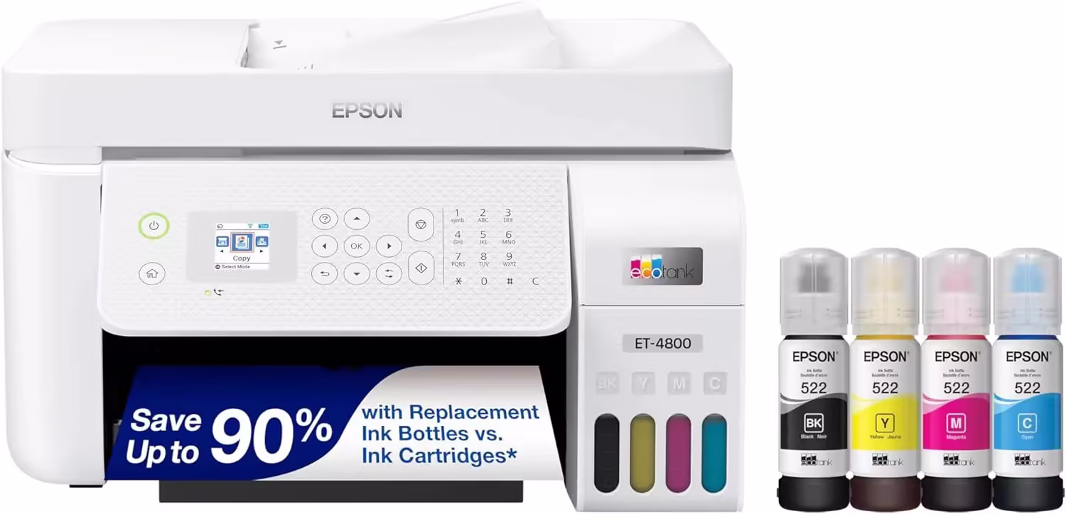 Epson EcoTank ET 4800 Wireless All in One Inkjet Printer, White – Cartridge Free, Scanner, Copier, Fax, ADF, Ethernet, Home Office