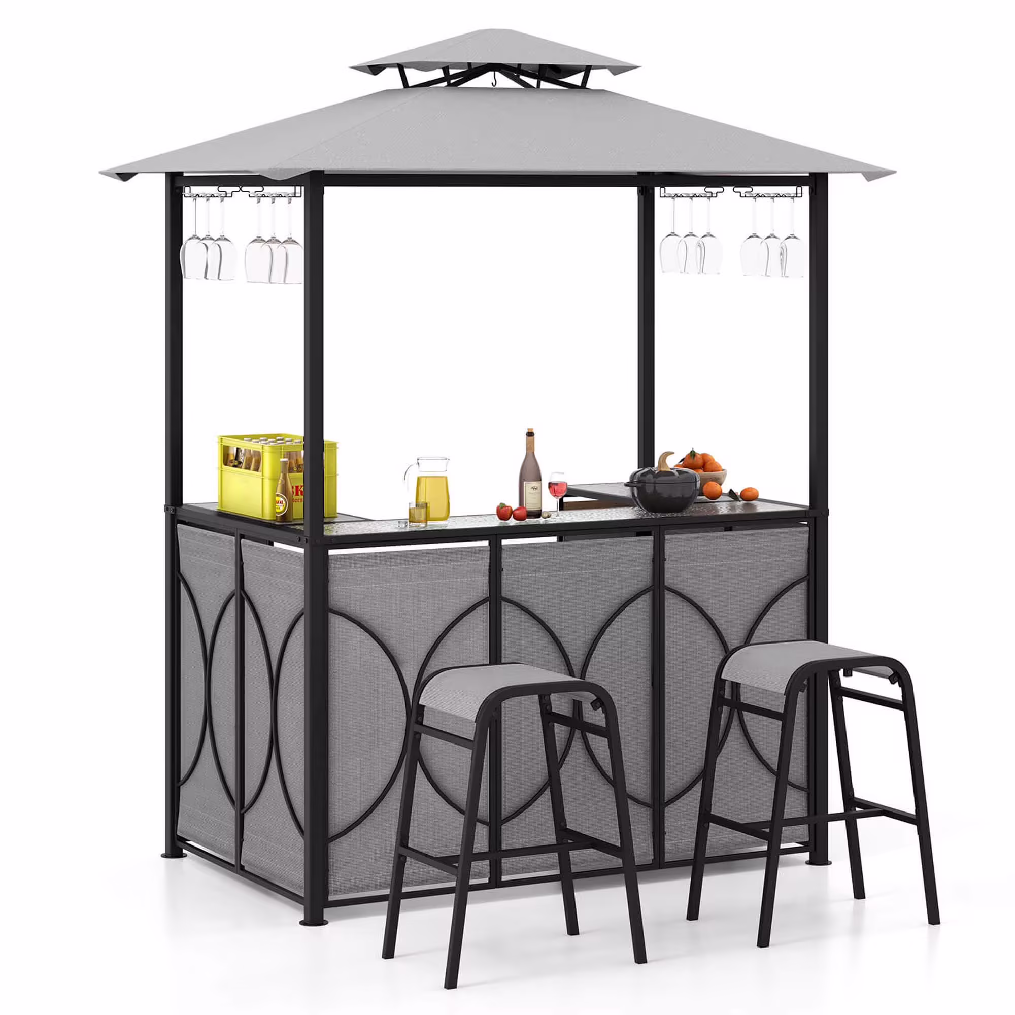 Costway 3 PCS Patio Bar Set with Tempered Glass Bar Table Metal Storage Shelves for Garden Grey