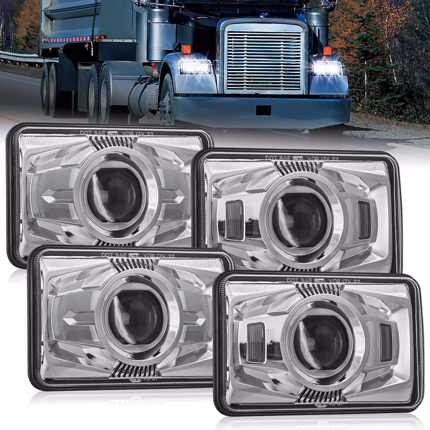 4x6 "Led Headlights 60W DOT Approved Hi/Lo Sealed Beam Rectangular headlights Replacement H4651 H4652 H4656 H4666 H6545 Compatible Kenworth Peter Bill Ford Freighter (silver, 4PCS)