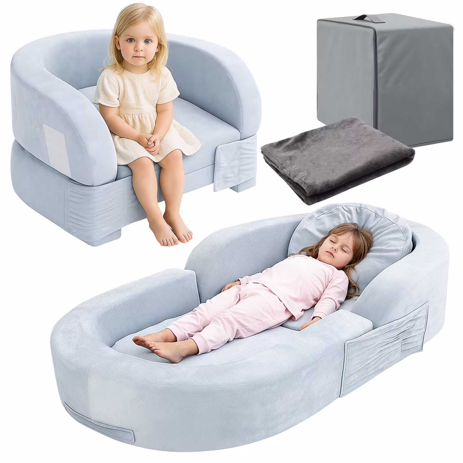 Coumy Toddler Travel Bed 2-in-1 Kids Sofa Chair with Removable Cover, Soft Foam Portable Foldable Toddler Bed for Travel with Carrying Bag, Blue