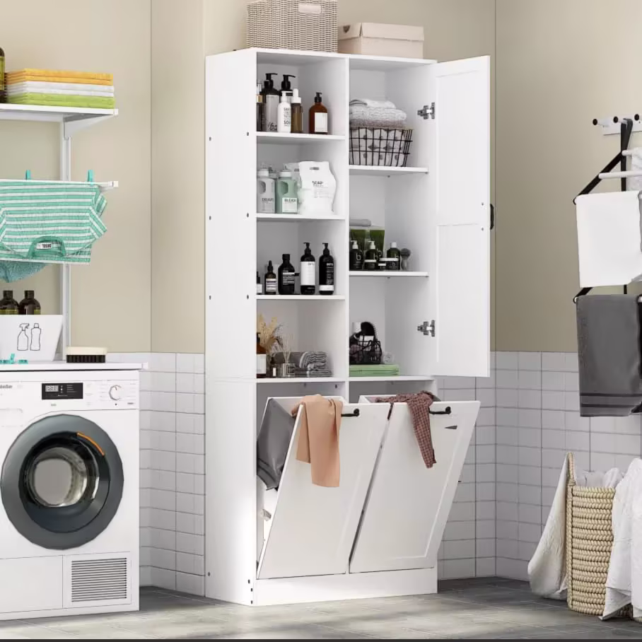 Storage cabinet with laundry basket, display cabinet