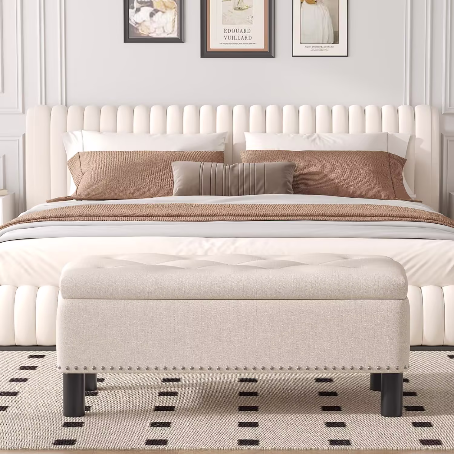 Furniliving Modern Storage Ottoman Bench, Sherpa Ottoman End of Bed Bench with Solid Wood Legs Upholstered Ottoman Benches with Storage Indoor Bench for Living Room with Rolled Arm, Entryway, White