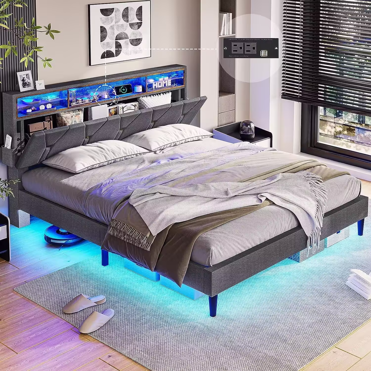 Tiptiper Queen Size Bed Frame with LED Lights, Platform Bed Frame with Bookcase Headboard, LED Bed Frame with Outlets and USB Ports, Upholstered Bed with Hidden Storage, Dark Gray