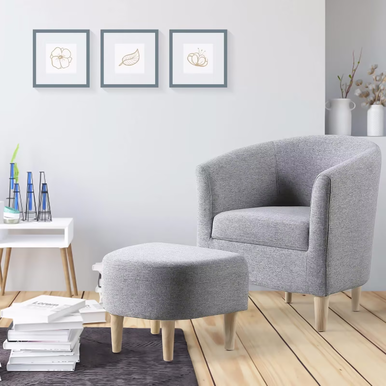 Lohoms Accent Arm Chair With Ottoman Set, Modern Home Leisure Chair with Footrest, Comfy Upholstered Armchair Single Sofa, Reading Chair with Solid Wood Legs for Living Room Bedroom, Gray