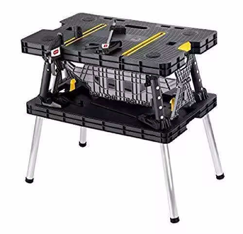 Keter ?C 197283 Folding Table Work Bench for Miter Saw Stand Woodworking Tools and Accessories with Included 12 Inch Wood Clamps ?C Easy Garage Storage Black/Yellow