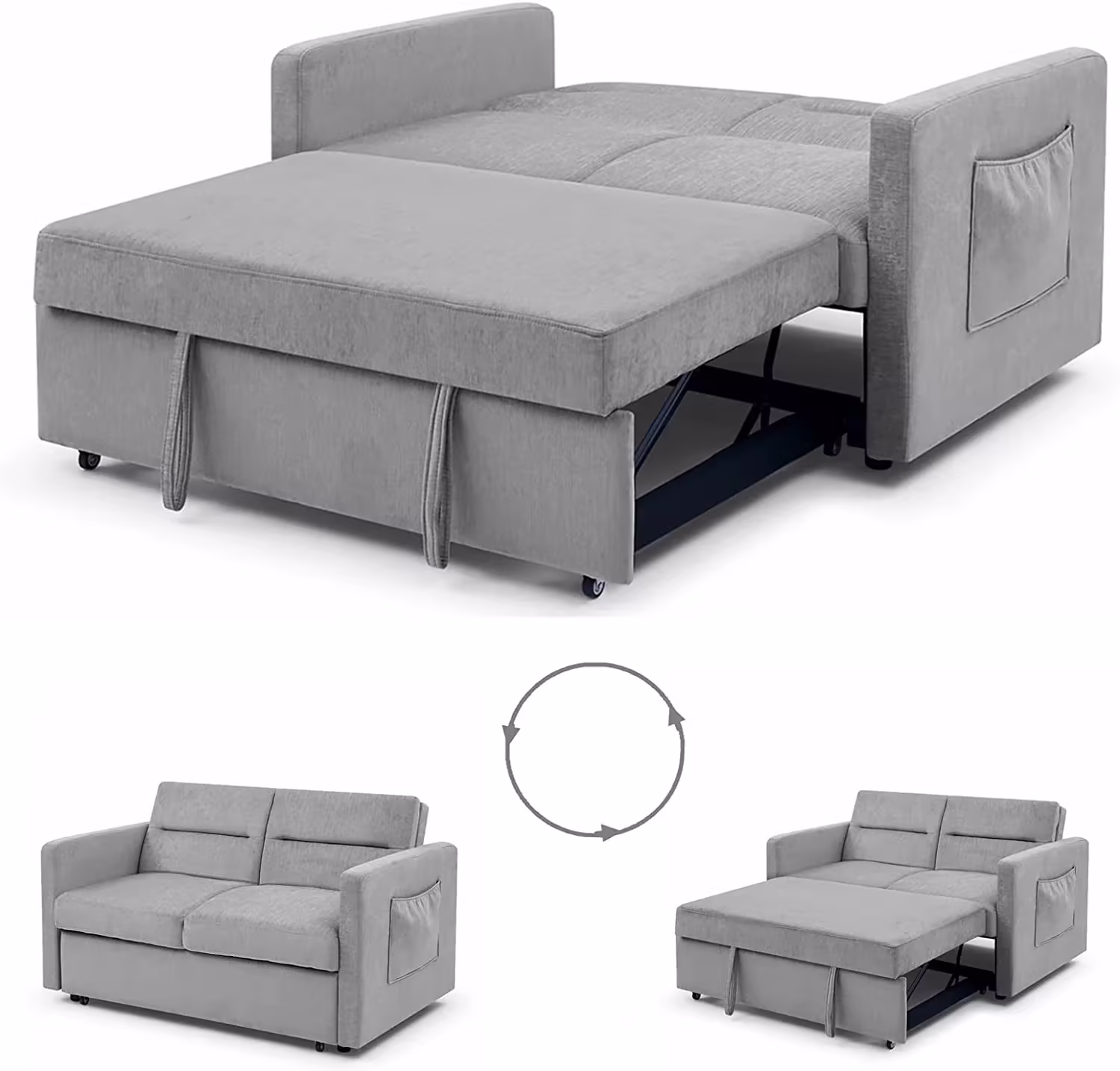 54.5" Pull Out Sofa Sleeper Couch, 3-in-1 Convertible Sleeper Sofa Bed for Living Room Apartment, Breathable Chenille Adjustable Sleeper Loveseat with Pull Out Bed and Side Pockets, Gray