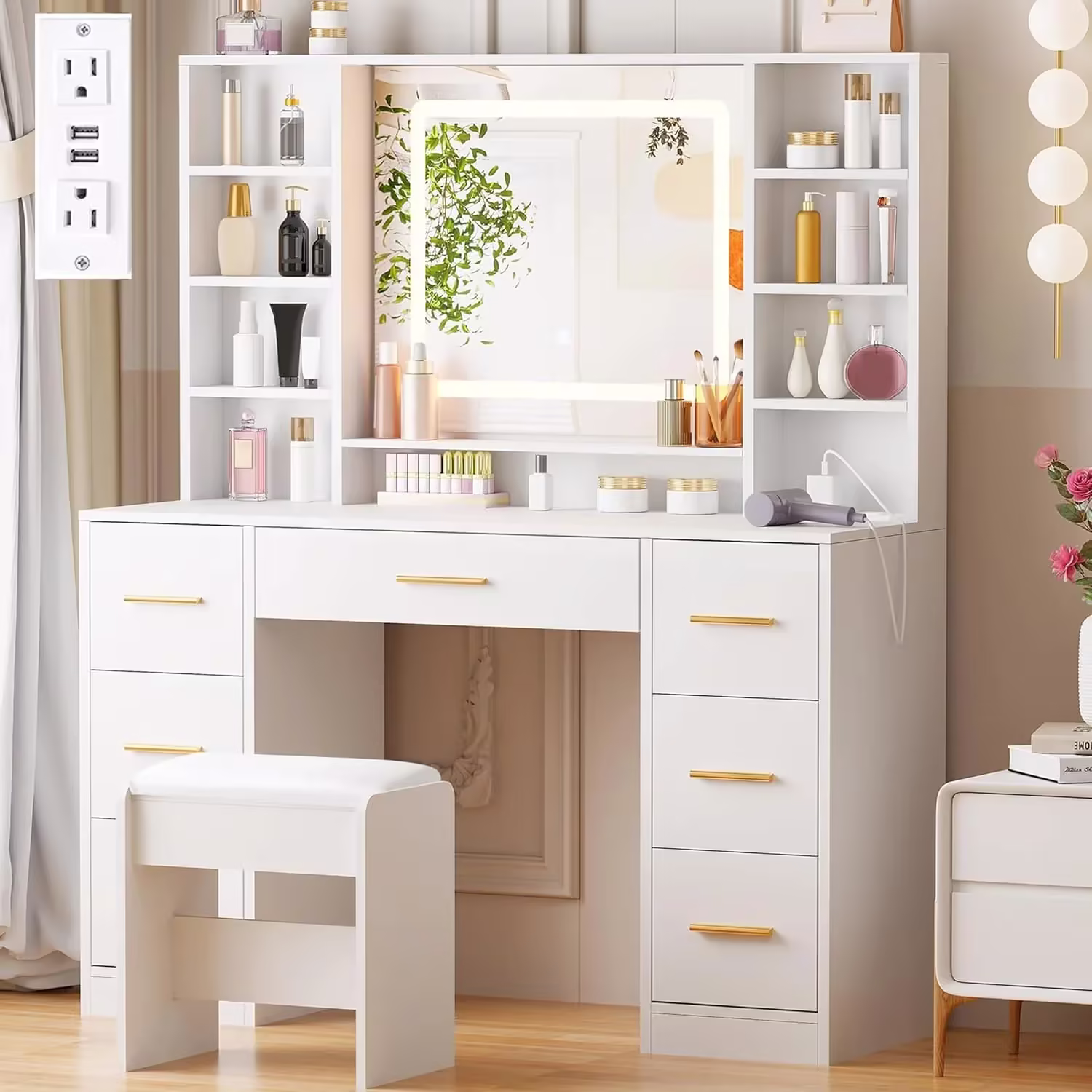 ANWBROAD Vanity Desk Table with Lighted Mirror 39.4 Girls Makeup Vanity