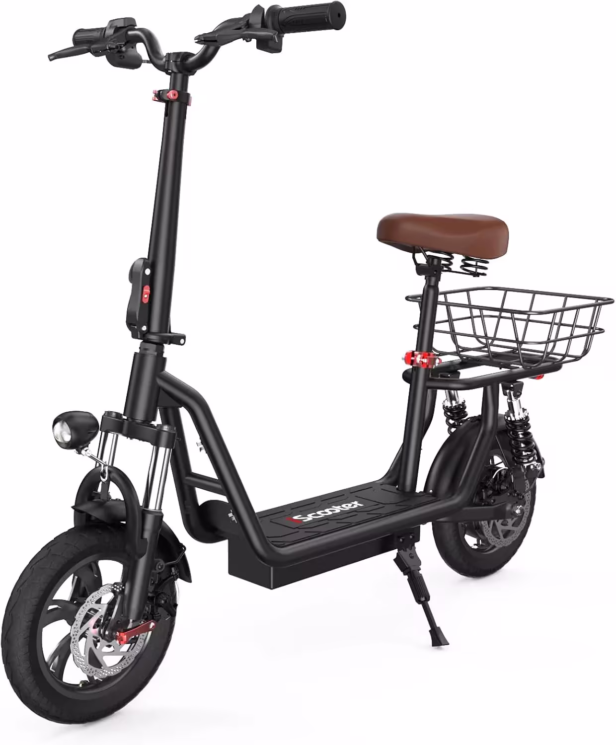 iScooter electric scooter with seat, 37/21 mile range, 28/19/15.6 mph top speed, dual suspension scooter with basket