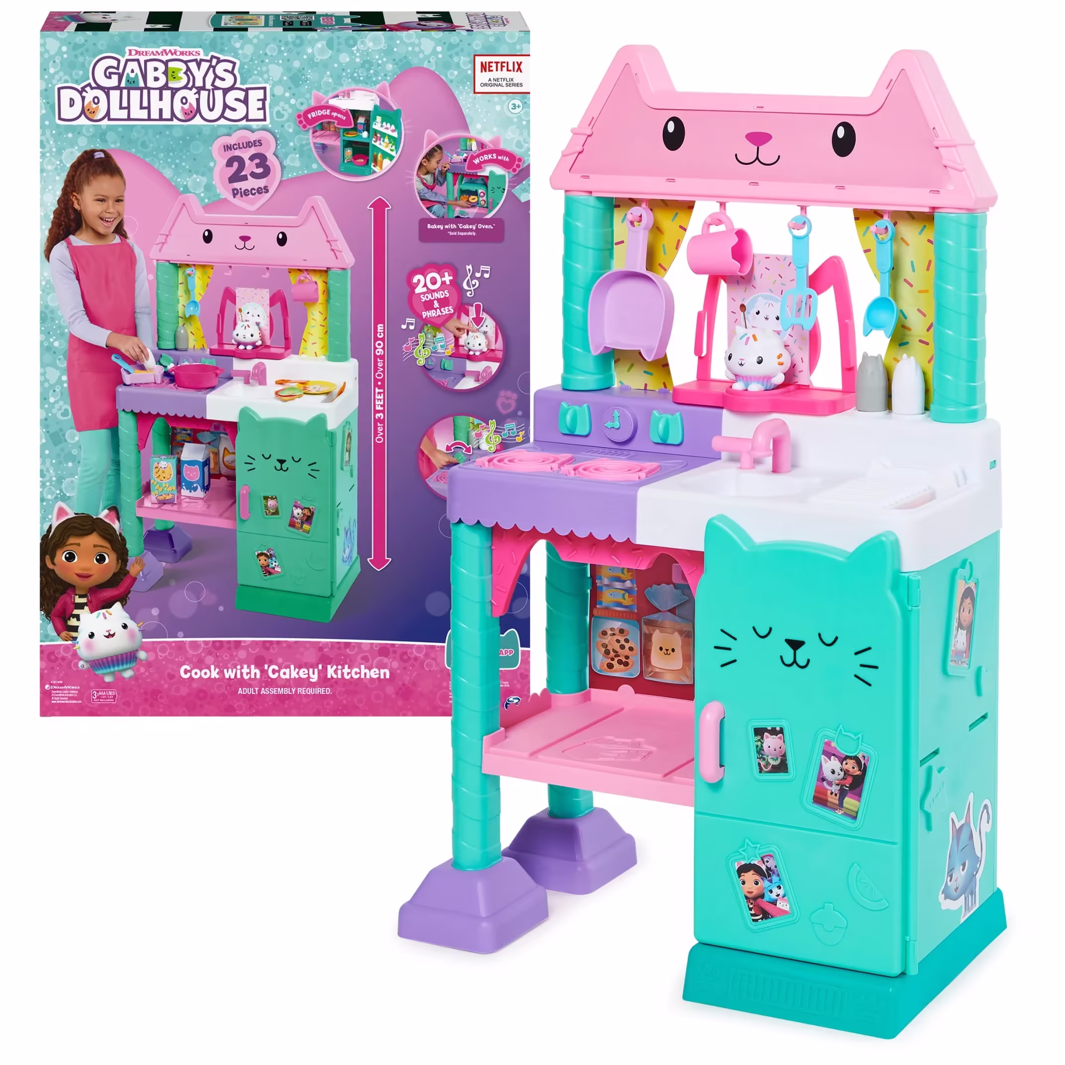 Gabby's Dollhouse Cakey Cat Kitchen Set for Kids, 3ft Tall Play Kitchen with Sounds & Accessories