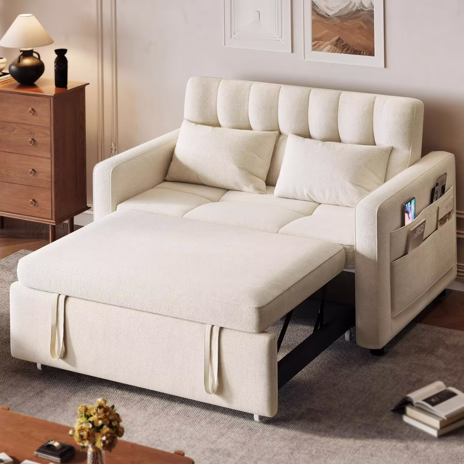 3-in-1 Convertible Sofa Bed, 55" Sleeper Sofa with Pull-Out Bed, Cat-Scratch-Proof Fabric Futon Couch with Adjustable Backrest and Side Pocket, Loveseat for Living Room Apartment, Grey