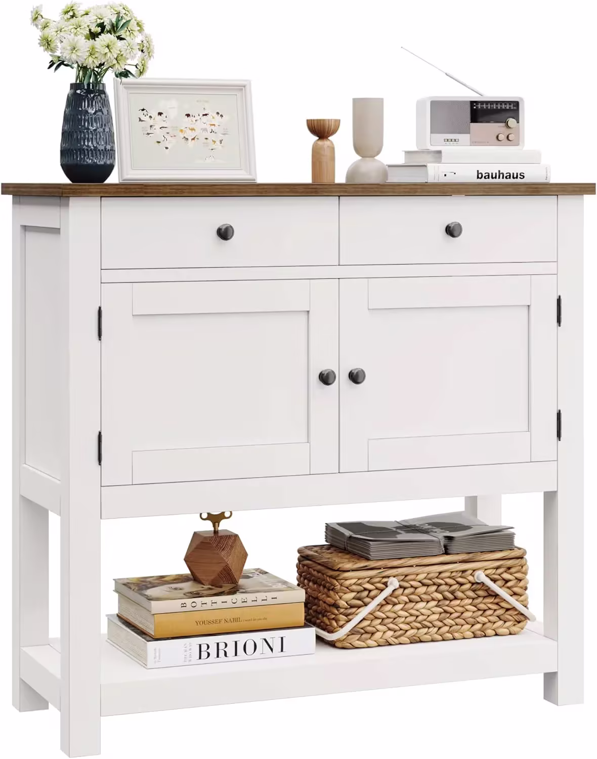 HOSTACK Farmhouse Console Table with 2-Door Cabinet & 2 Drawers, Coffee Bar, Entryway Table with Storage Shelf, Sofa Tables Buffet Sideboard for Kitchen, Hallway, Dining, Living Room, Rustic Brown