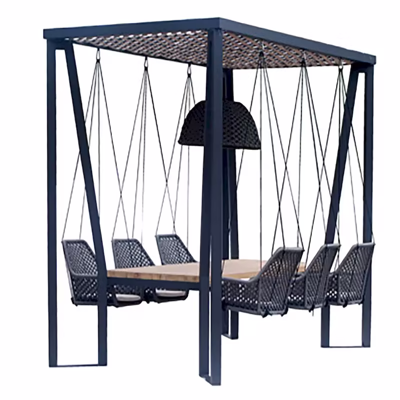 Skyline Design Horizon Pergola with Lamp, Hanging Chairs & Teak Table