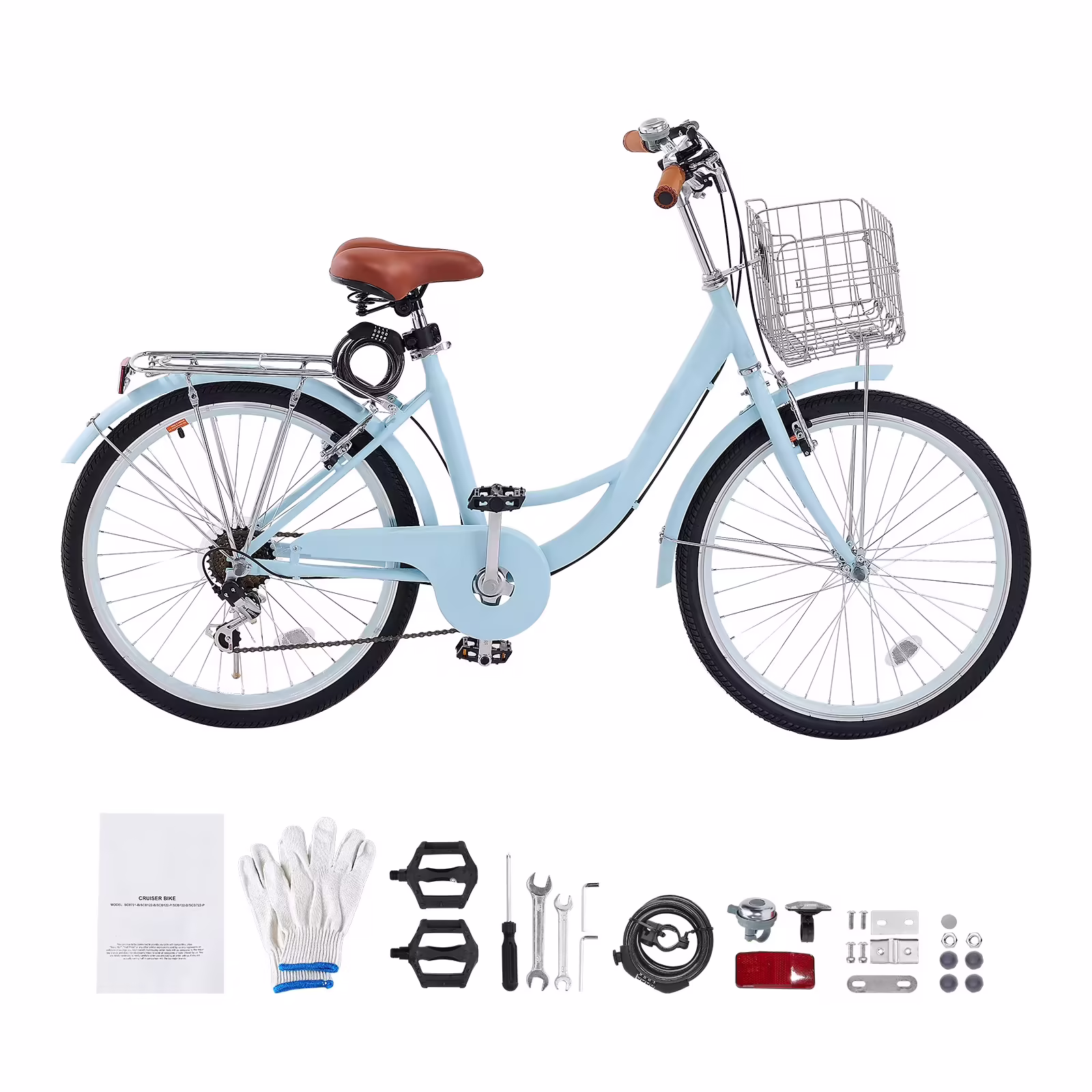 KFFKFF 26" Cruiser Bike, 7-Speed,Pale Blue Coastal Riding Bike with Spacious Basket and Back Stand, Safe & Robust Bicycle with Modifiable Saddle
