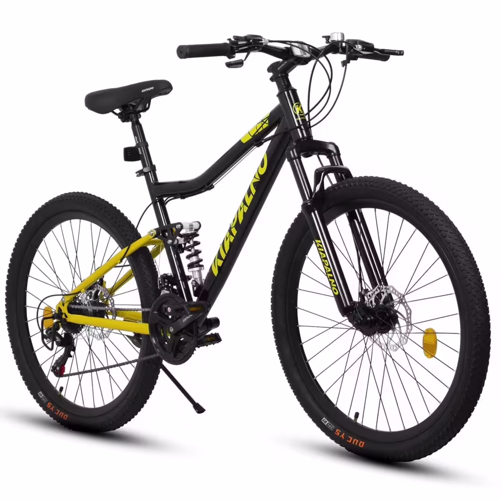 26 Inch Mountain Bike Full Suspension, 21 Speed Mountain Bicycle with Steel Frame and Double Disc Brakes, MTB Bike for Adult Men Women, Black-Golden