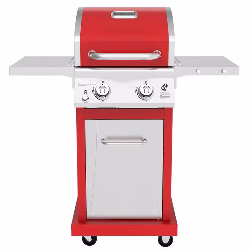 2-Burner Propane Gas Grill, Red – Stainless Steel, 28,000 BTUs, Compact Design