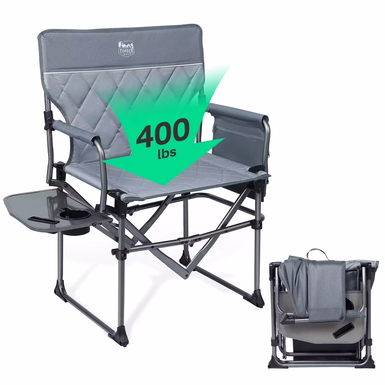 TIMBER RIDGE Portable Director Chair, Heavy Duty Camping Folding Chair with Compact Size with Side Pocket and Side Table, Support 400 lbs, Grey