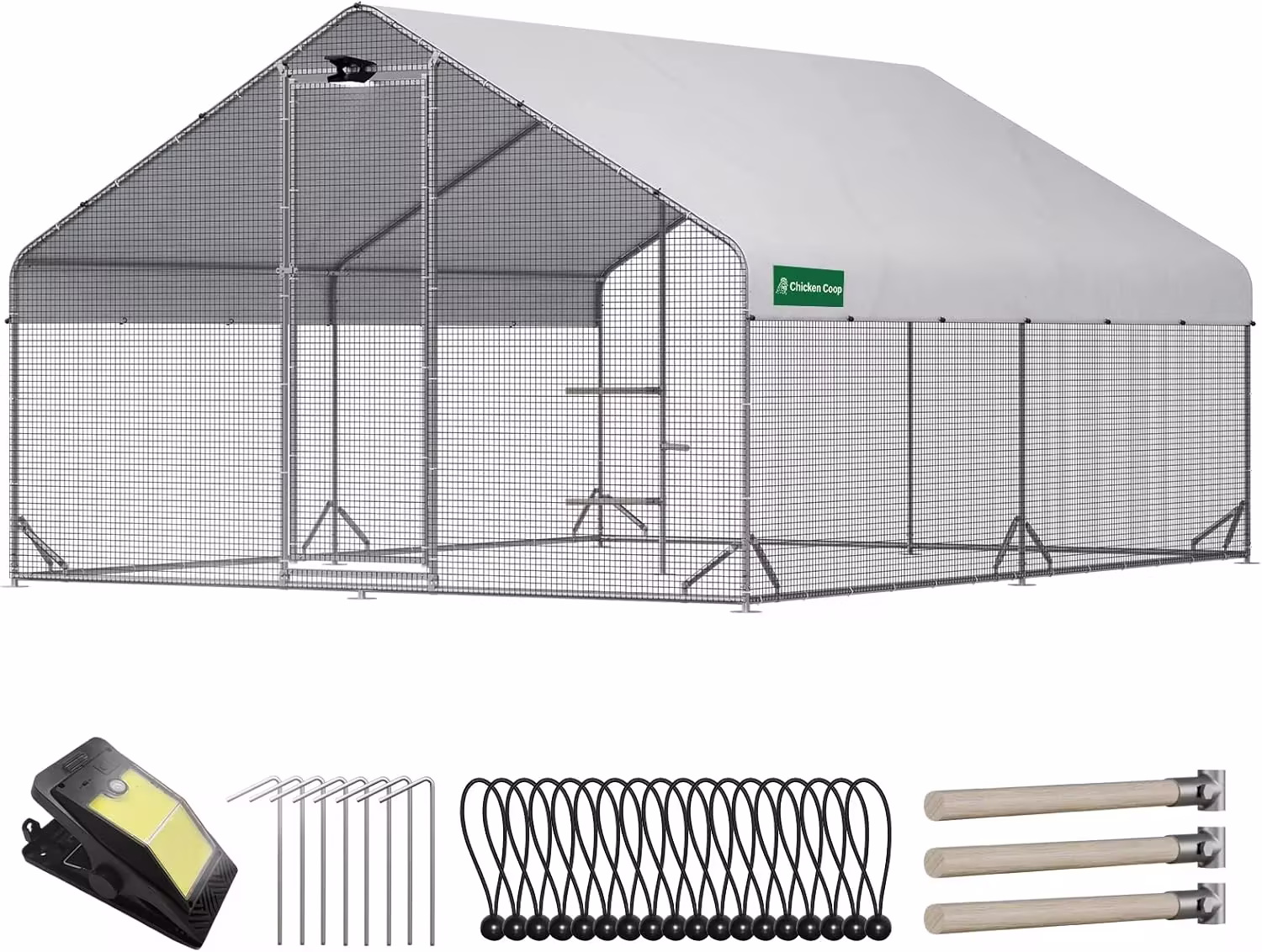 Large Walk-in Metal Chicken Coop with Run, Solar Light, UV Cover