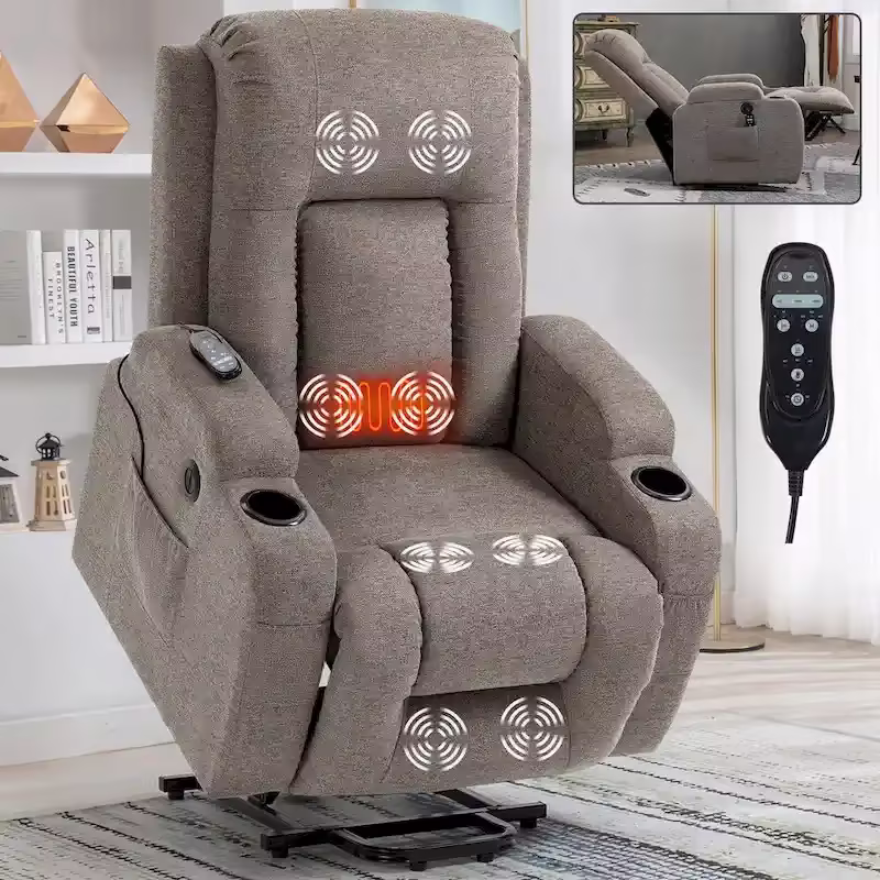 Lazy Boy Power Lift Recliner Chair, Modern Single Motor Massage Sofa Chair with Lumbar Heating, USB Charging Port, Cup Holders
